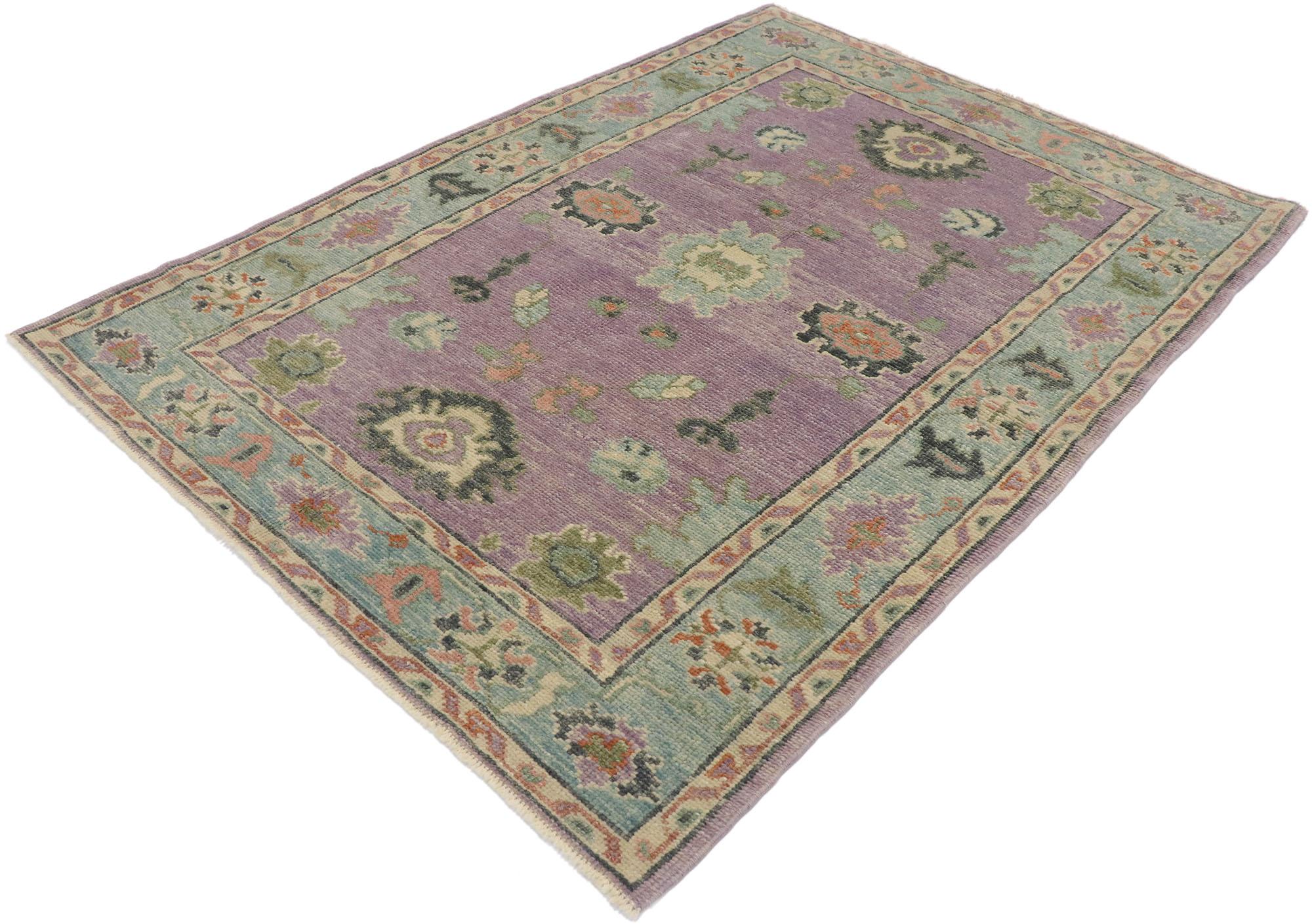 53380, new contemporary Turkish Oushak rug with modern style and pastel colors 04'02 x 05'10. Blending elements from the modern world with pastel colors, this hand knotted wool contemporary Turkish Oushak rug will boost the coziness factor in nearly