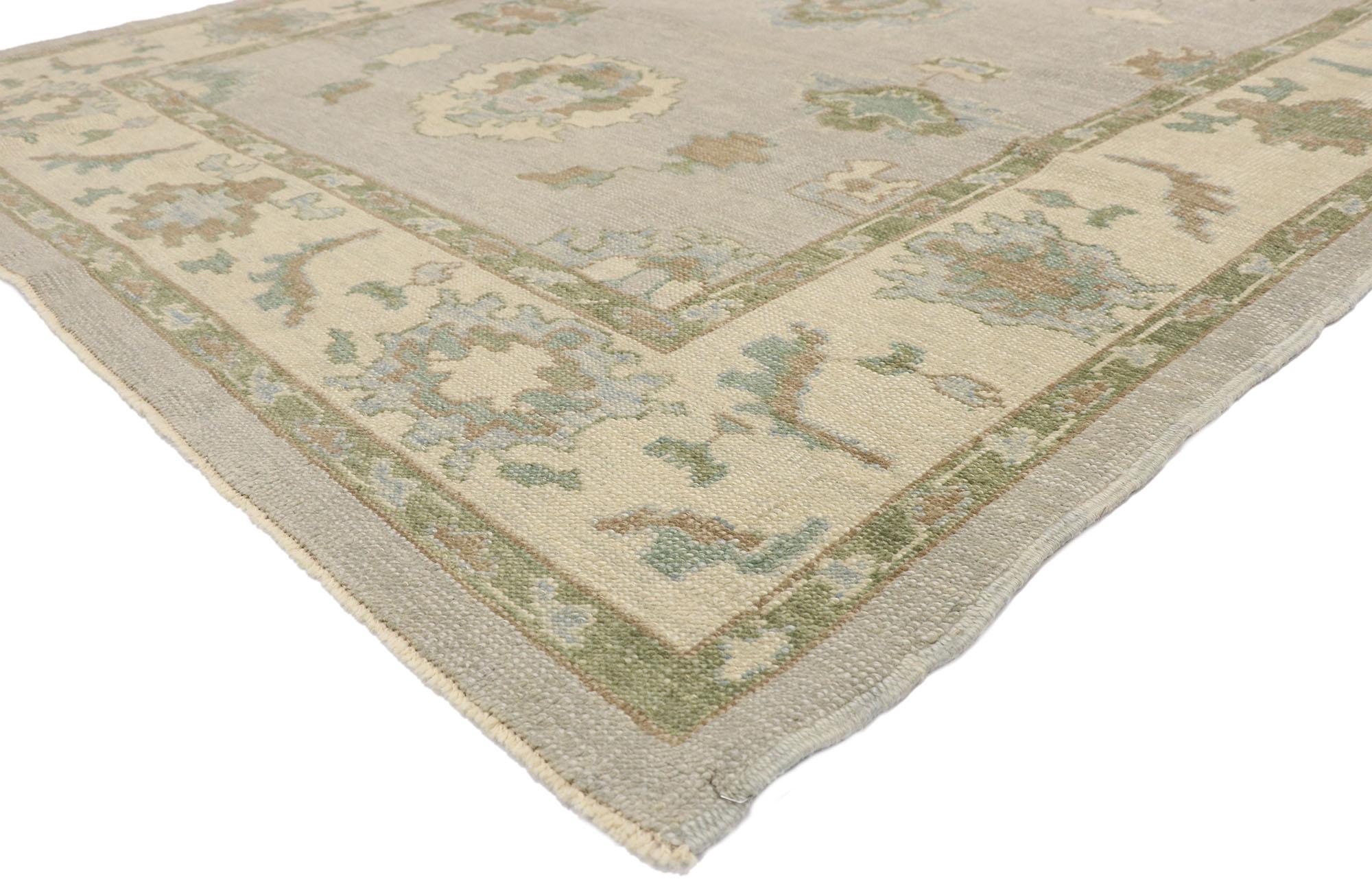 52796 Modern Oushak Turkish Rug, 06'04 x 09'08. Immerse your space in the gentle embrace of Biophilic Design with this hand-knotted wool Turkish Oushak rug, where an ethereal lightness meets contemporary elegance. This modern Oushak rug unfolds an