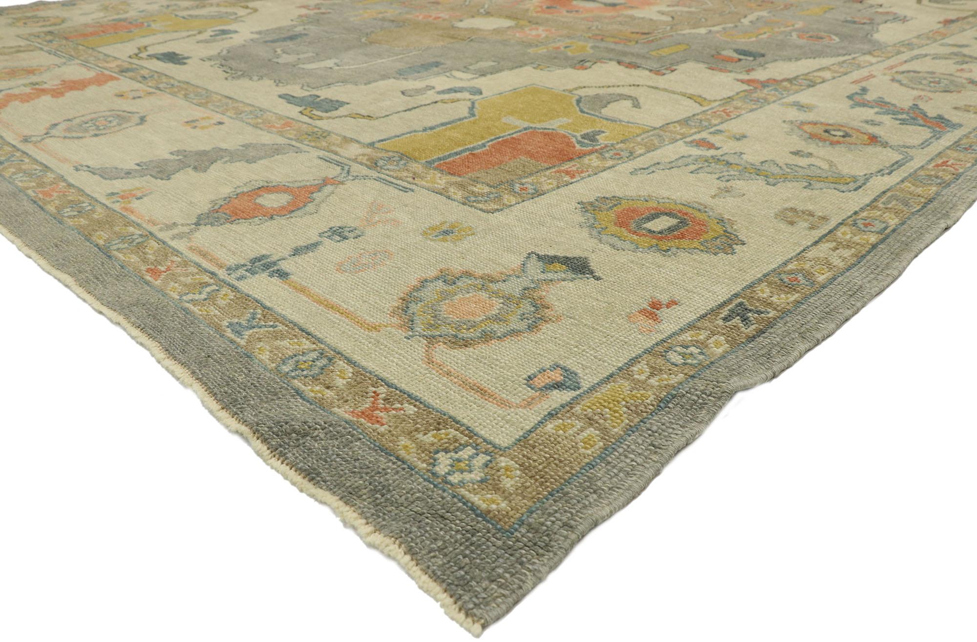 52800, new contemporary Turkish Oushak rug with Modern style 10'03 x 13'04. This hand-knotted wool new contemporary Turkish Oushak rug features a concentric center medallion patterned with and surrounded by amorphous shapes. It is enclosed with a