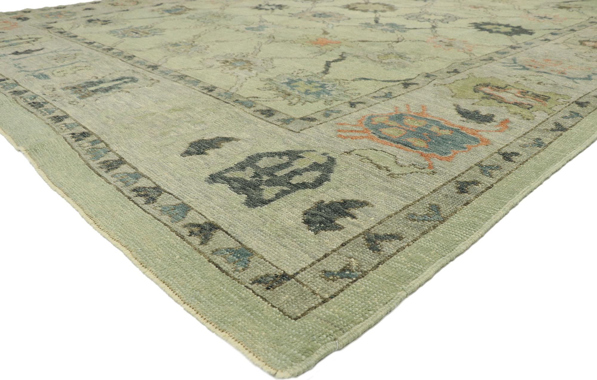52801, new contemporary Turkish Oushak rug with modern style. This hand knotted wool new contemporary Turkish Oushak rug features a botanical all-over lattice pattern spread across an abrashed field. It is enclosed with a complementary botanical