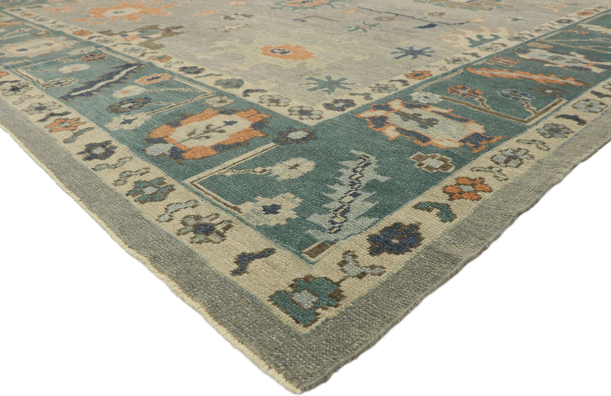 52812 New Contemporary Turkish Oushak rug with modern style. This hand knotted wool new contemporary Turkish Oushak rug features an all-over botanical pattern composed of Harshang-style motifs, palmettes, stylized florals, organic and amorphous