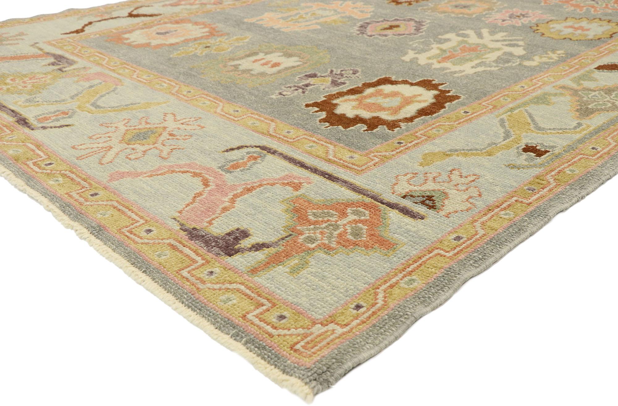 52887, new contemporary Turkish Oushak rug with modern Transitional style. Blending elements from the modern world with lively colors, this hand knotted wool contemporary Turkish Oushak rug will boost the coziness factor in nearly any space. It