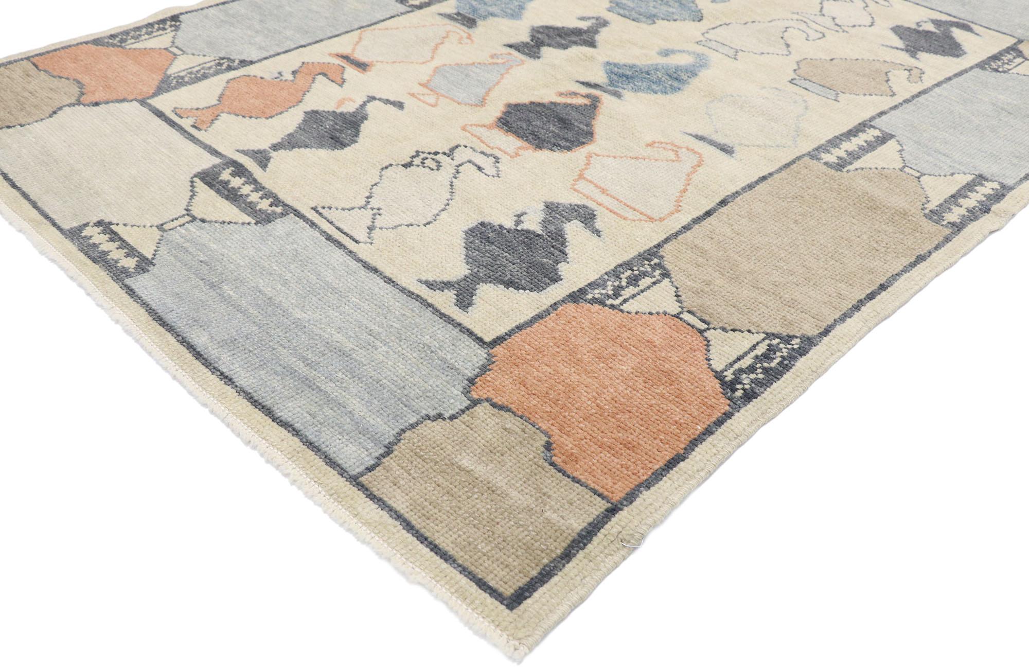 53533 new contemporary Turkish oushak rug with Modern style 04'03 x 06'00. With neutral hues and modern style, this hand knotted wool contemporary Turkish Oushak rug features an all-over geometric pattern comprised of ewers (or jugs) symbolizing