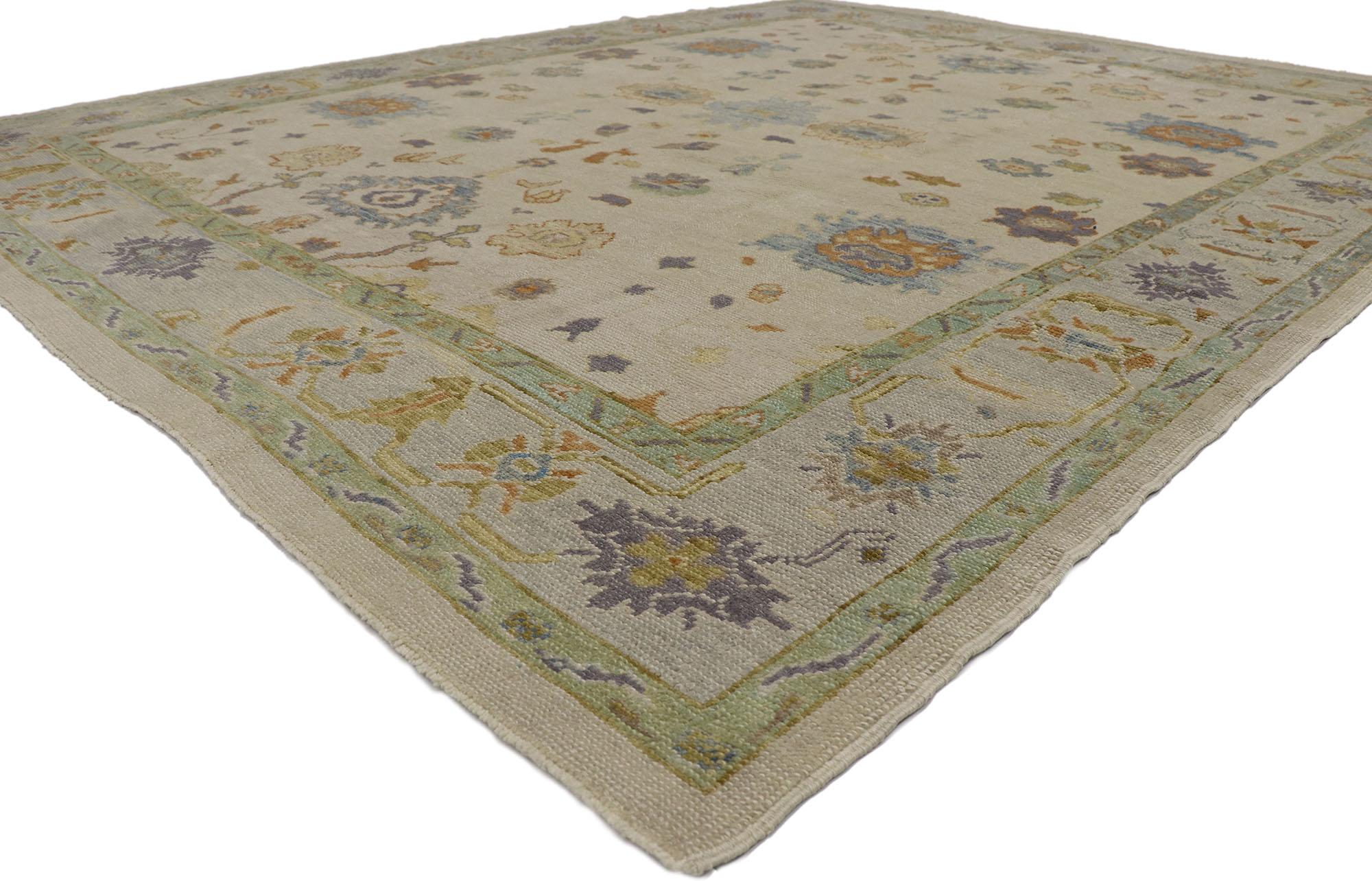 53611 New Contemporary Turkish Oushak Rug with Modern Style 09'02 x 11'01. Blending elements from the modern world with a soft color palette, this hand-knotted wool contemporary Turkish Oushak rug is poised to impress. The geometric print and earthy