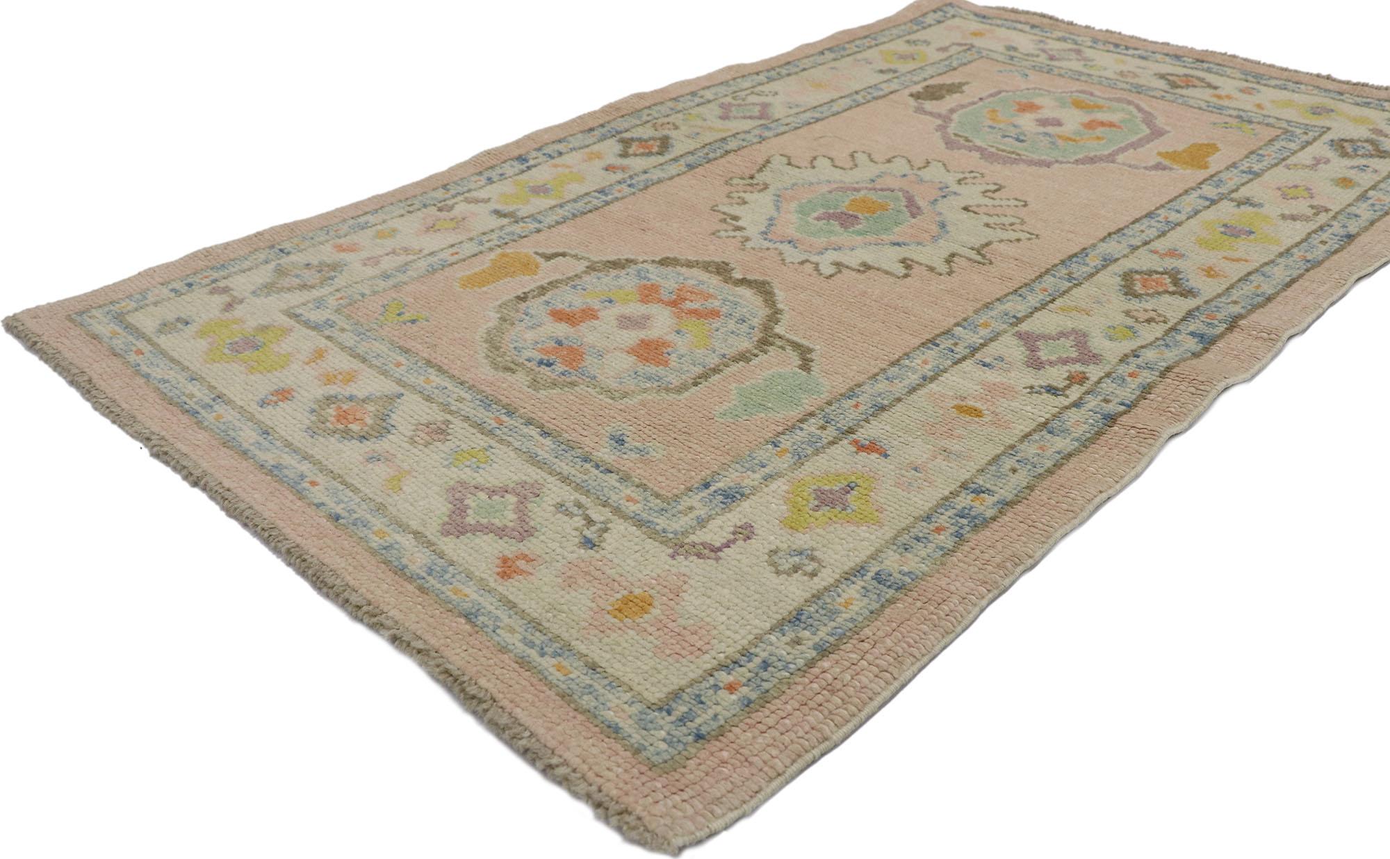 53596 New Contemporary Turkish Oushak Rug with Modern Style 03'01 x 05'01. Polished and playful, this hand-knotted wool small Turkish Oushak rug beautifully embodies a modern style. The abrashed light pink field features three colorful