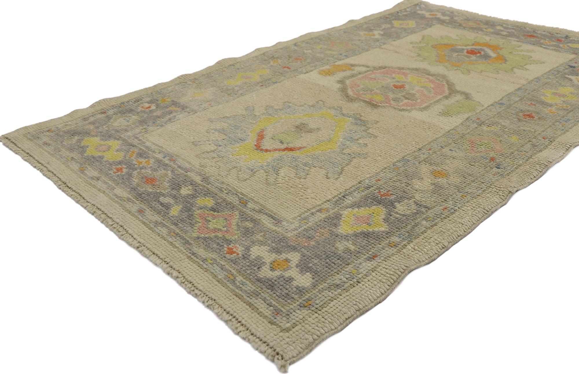 53594 New Contemporary Turkish Oushak rug with Modern Style 03'01 x 05'00. Polished and playful, this hand-knotted wool small Turkish Oushak rug beautifully embodies a modern style. The abrashed oatmeal colored field features three colorful