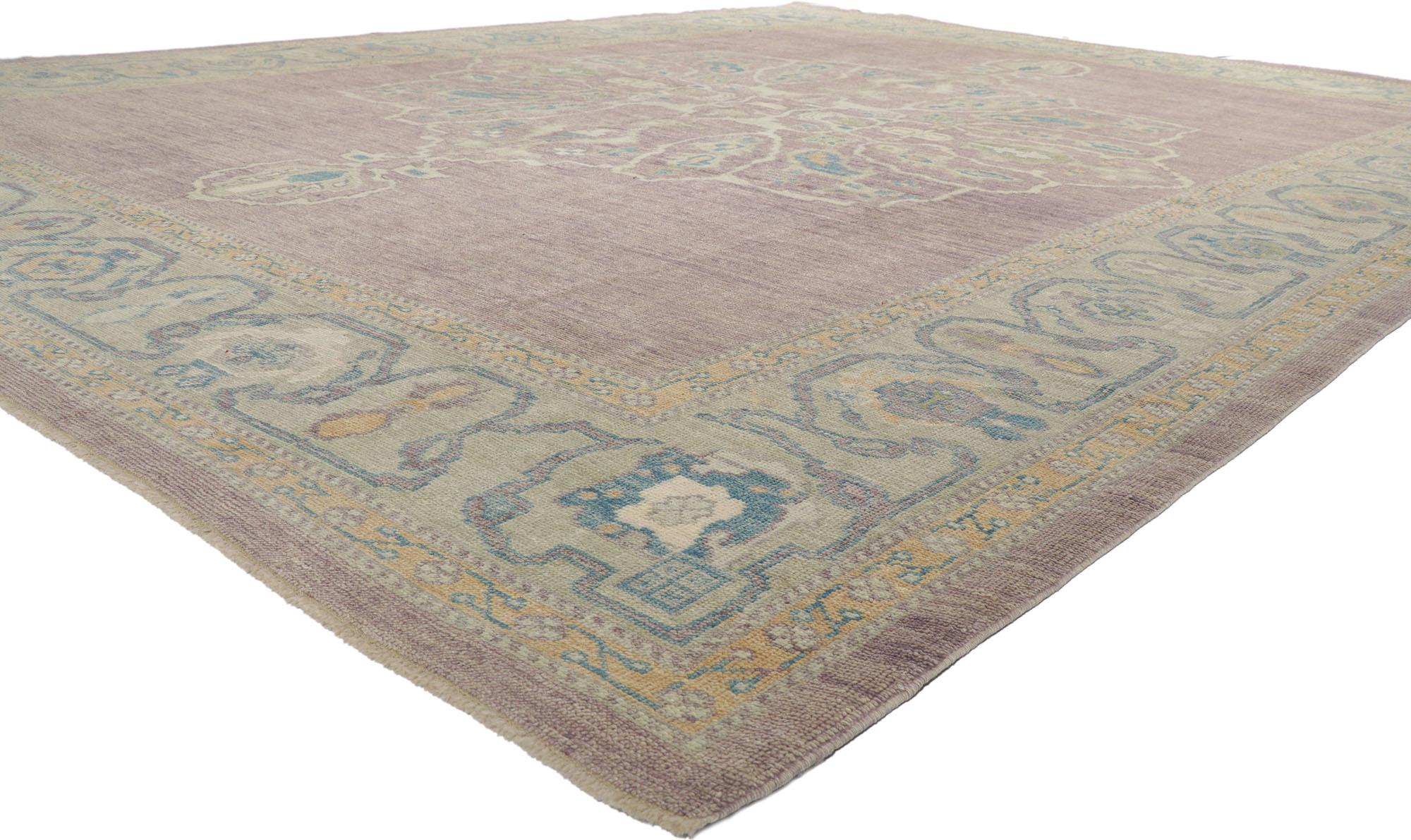 53778 New Contemporary Turkish Oushak Rug 12'01 x 15'07. With its effortless beauty and timeless design, this hand knotted wool contemporary Turkish Oushak rug is poised to impress. Taking center stage is grand-scale open medallion decorated with a