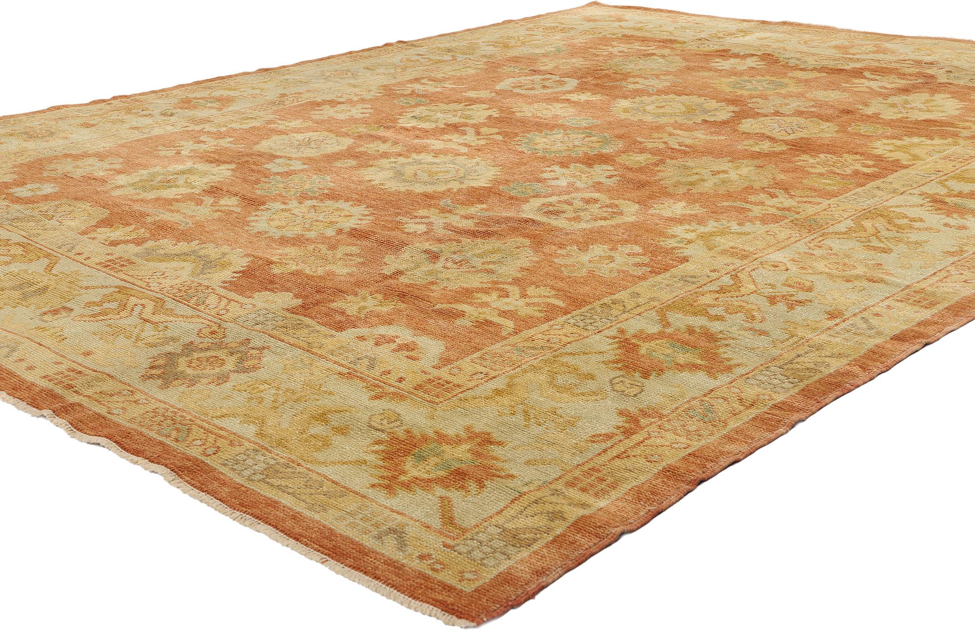 50536 Moderner türkischer Oushak-Teppich, 08'07 x 11'02. Dieser türkische Oushak-Teppich aus handgeknüpfter Wolle ist eine strahlende Hommage an die anatolische Webkunst und verbindet die Wärme der Tradition mit einer modernen Sensibilität. Sein