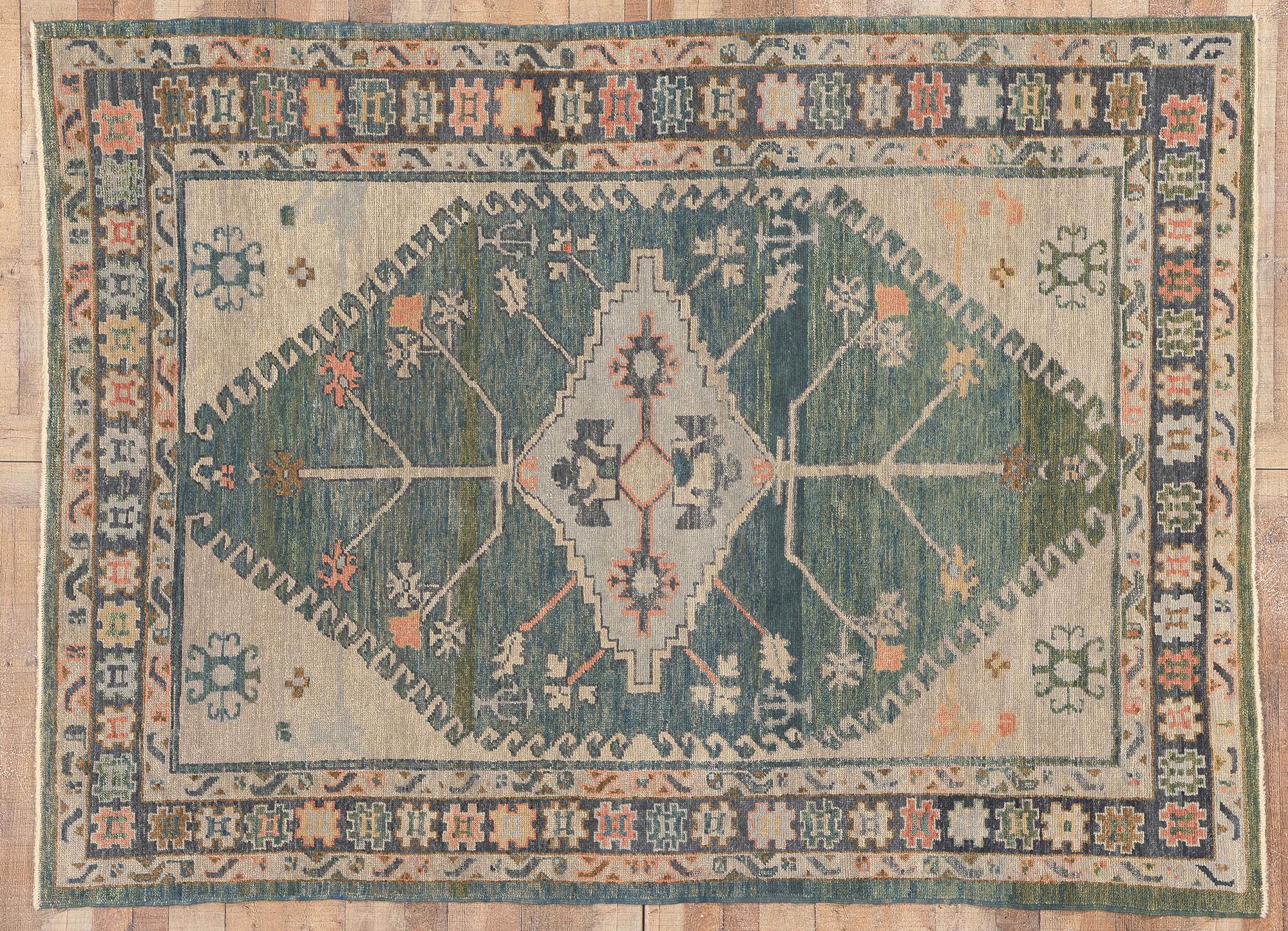 Colorful Turkish Oushak Rug, Modern Style Meets Tribal Ethos For Sale 3