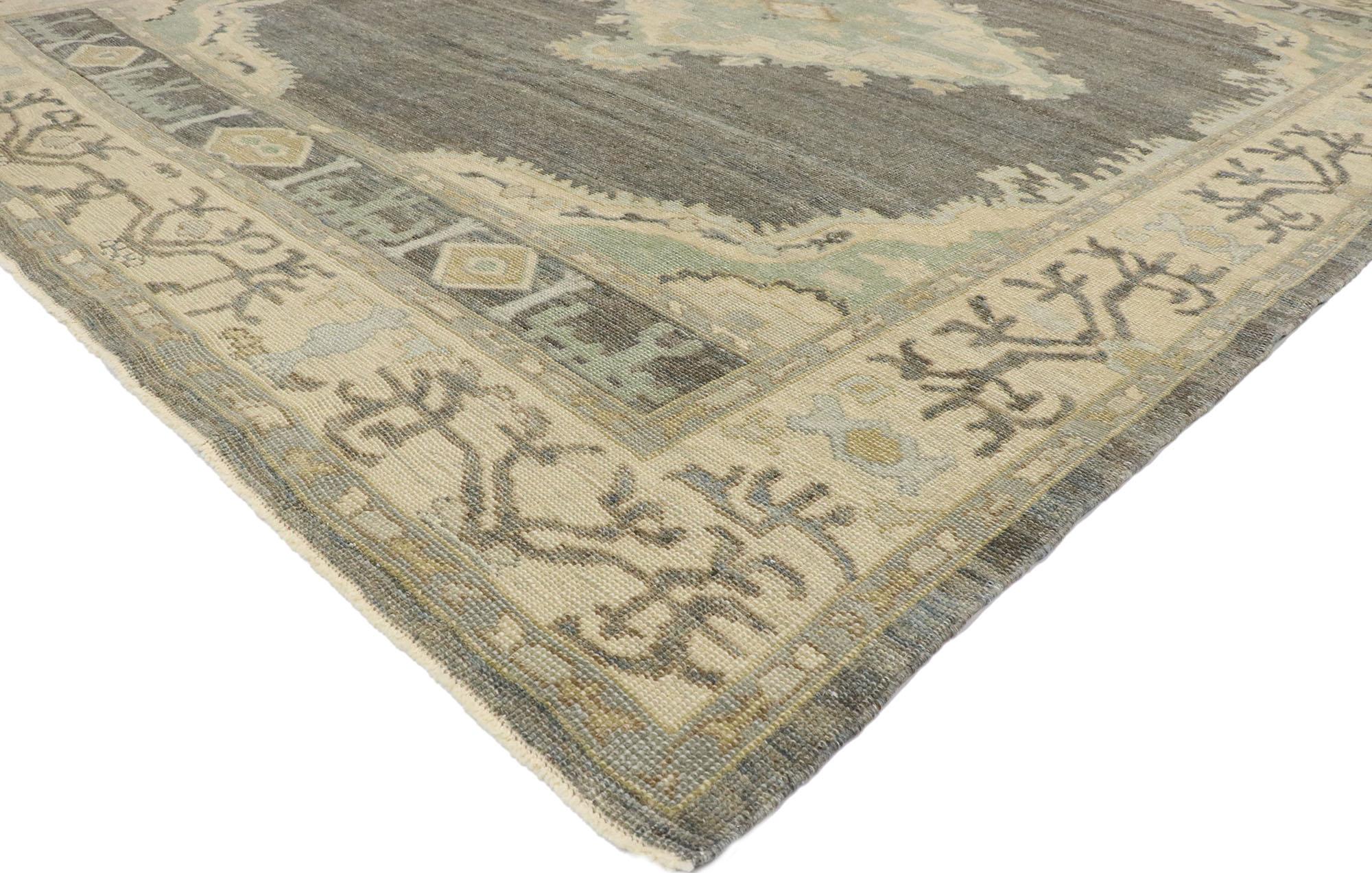 53437, new contemporary Turkish Oushak rug with Modern Transitional Bungalow style. Warm and inviting with neutral hues, this hand knotted wool contemporary Turkish Oushak rug charms with ease and beautifully embodies the fine craftsmanship of