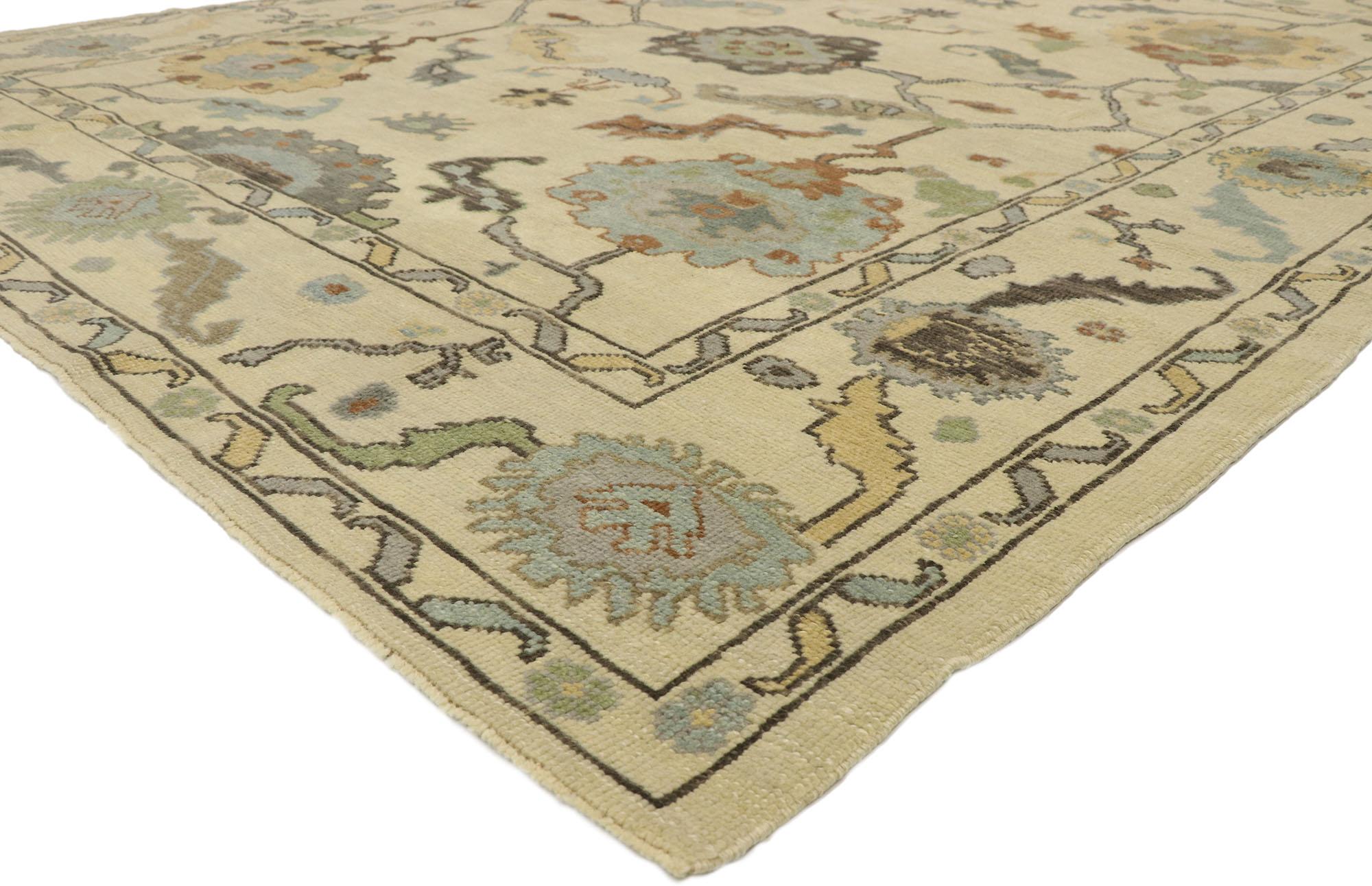 52919, new contemporary Turkish Oushak rug with modern transitional coastal style. Blending elements from the modern world with light and airy colors, this hand knotted wool contemporary Turkish Oushak rug will boost the coziness factor in nearly