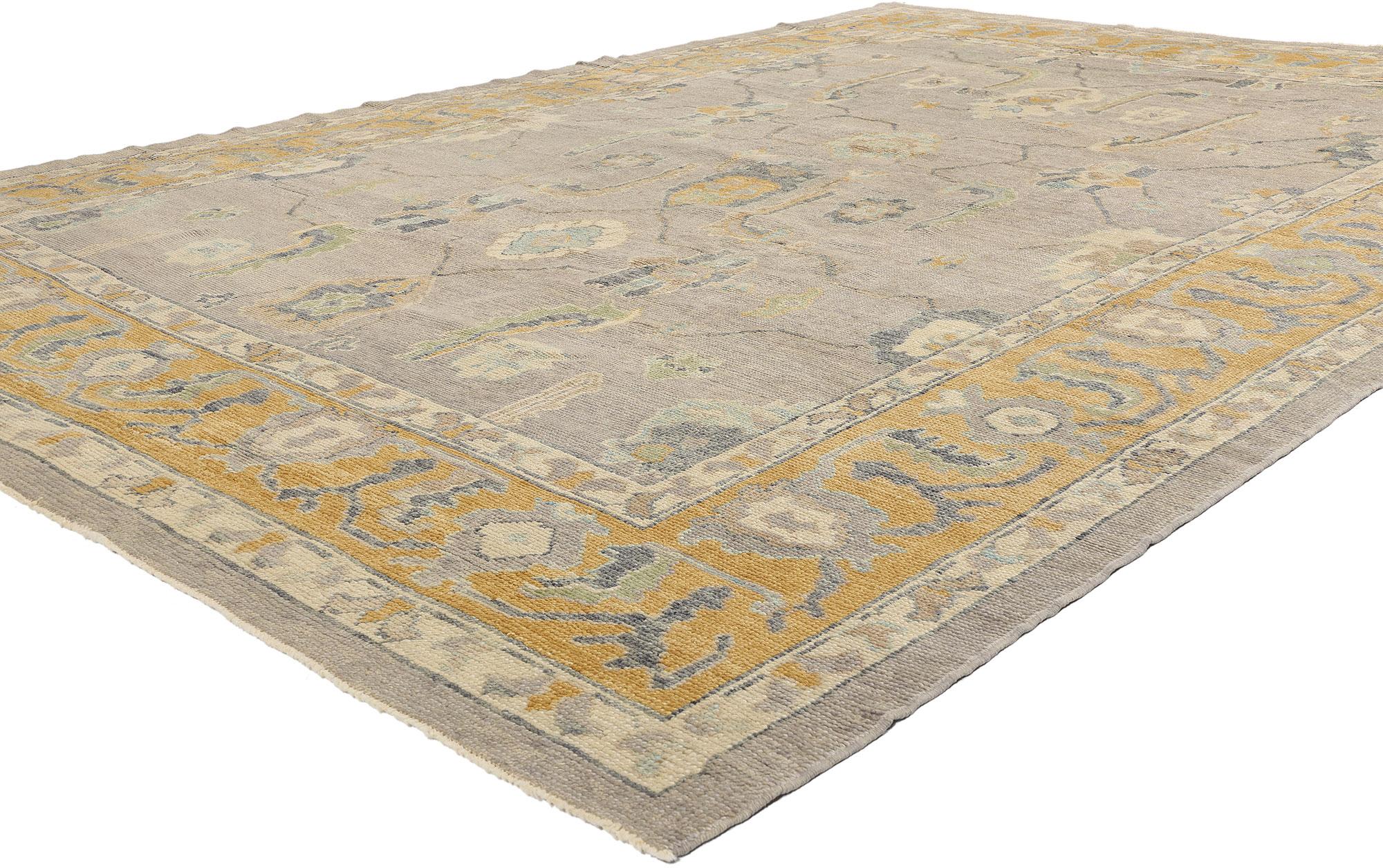 53206 New Earth-Tone Turkish Oushak Rug, 09'01 x 12'06. Woven not just with wool, but with quiet prestige, this hand-knotted modern Turkish Oushak rug is a tailored testament to the enduring sophistication of Anatolian craftsmanship. Awash in a
