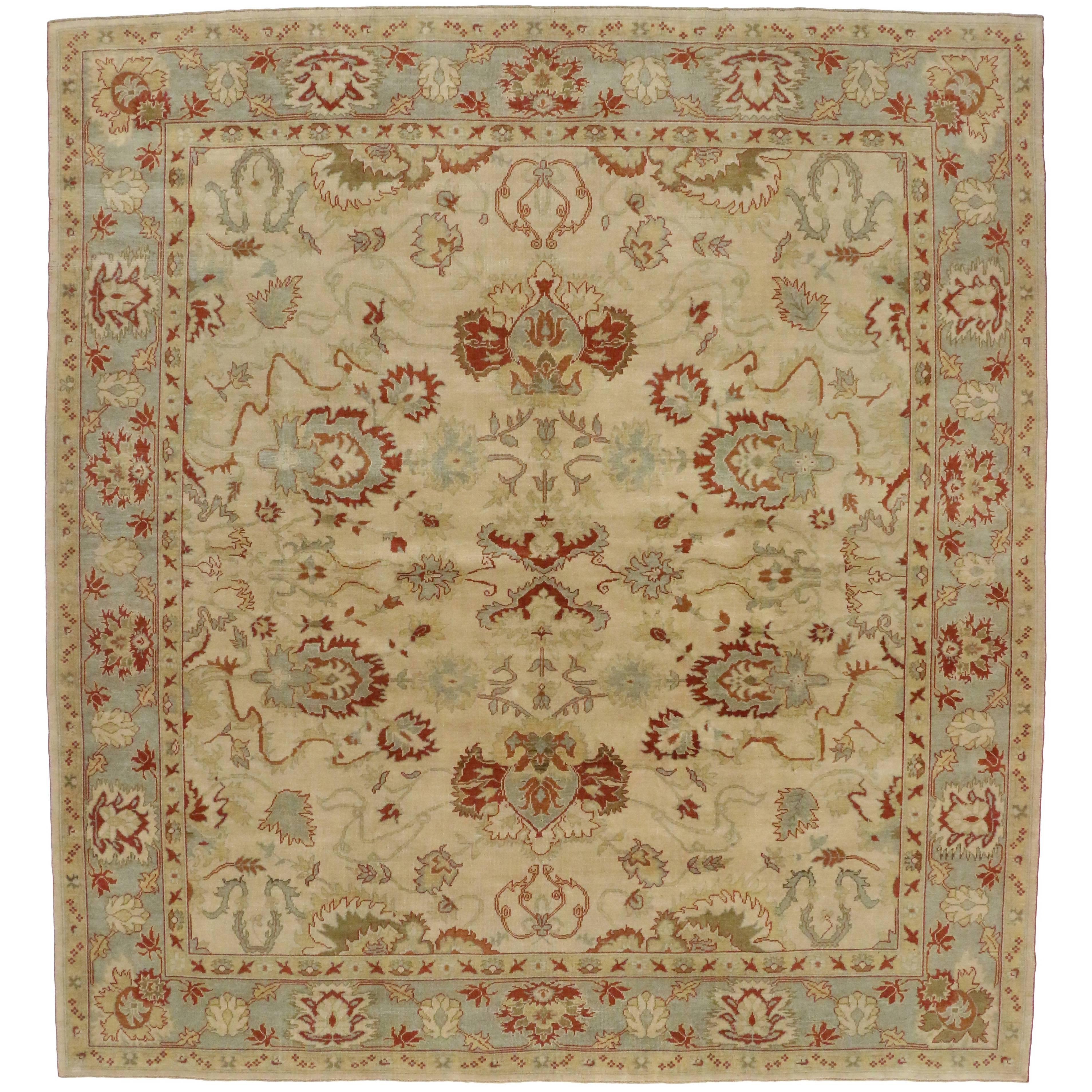 50373, new Contemporary Turkish Oushak rug with Modern Transitional style. Blending elements from the modern world with soft colors, this hand knotted wool contemporary Turkish Oushak rug will boost the coziness factor in nearly any space. It