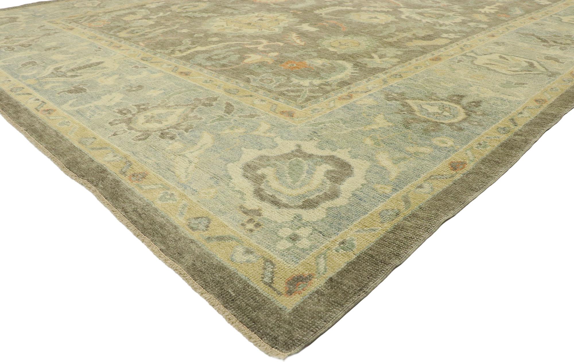 53157, new contemporary Turkish Oushak rug with Modern Transitional style 11'08 x 15'03 Blending elements from the modern world with earth-tone colors, this hand knotted wool contemporary Turkish Oushak rug will boost the coziness factor in nearly