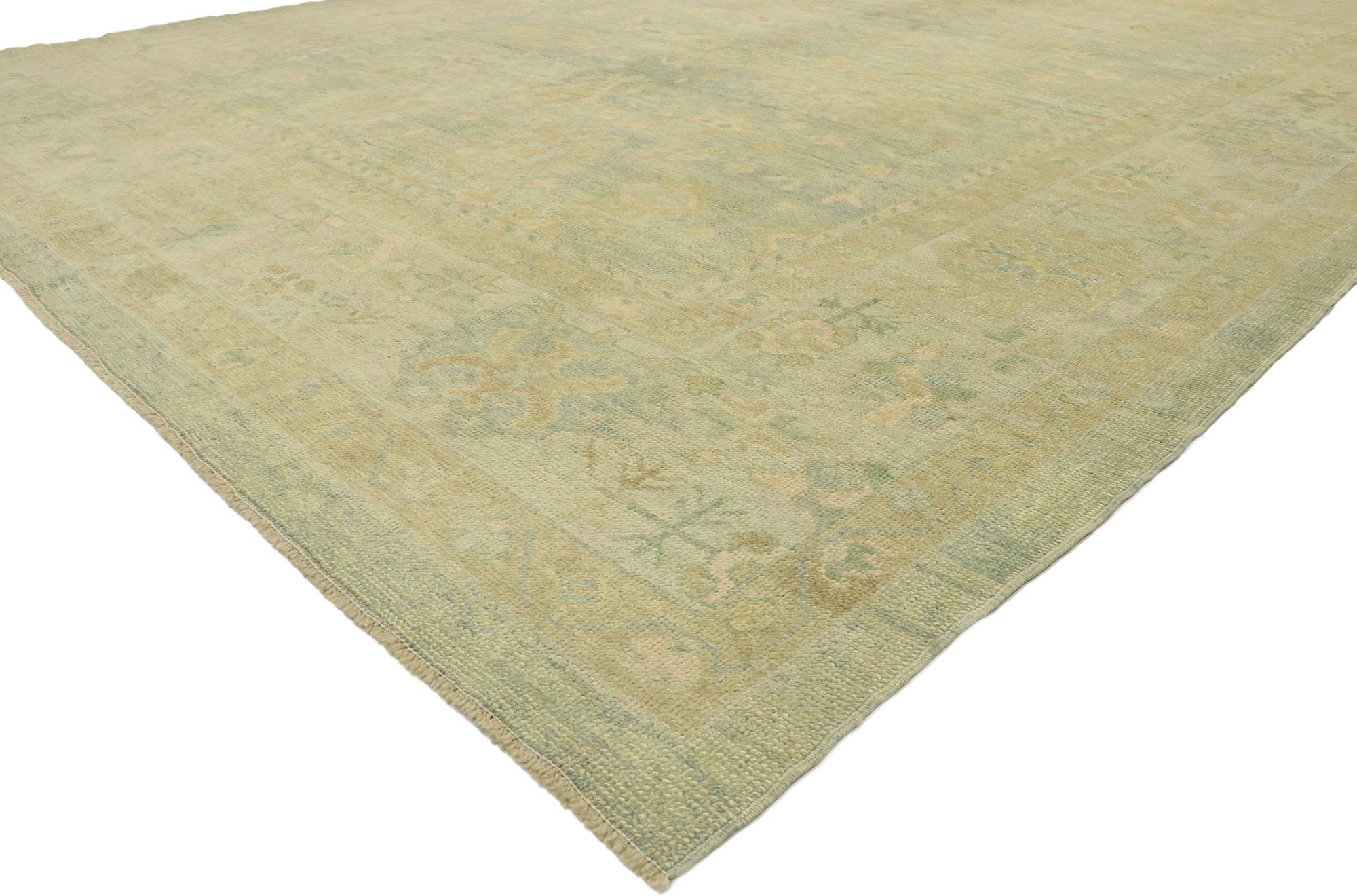 53151, new contemporary Turkish Oushak rug with Modern Transitional style. Blending elements from the modern world with neutral tones and subtle pastel colors, this hand knotted wool contemporary Turkish Oushak rug will boost the coziness factor in