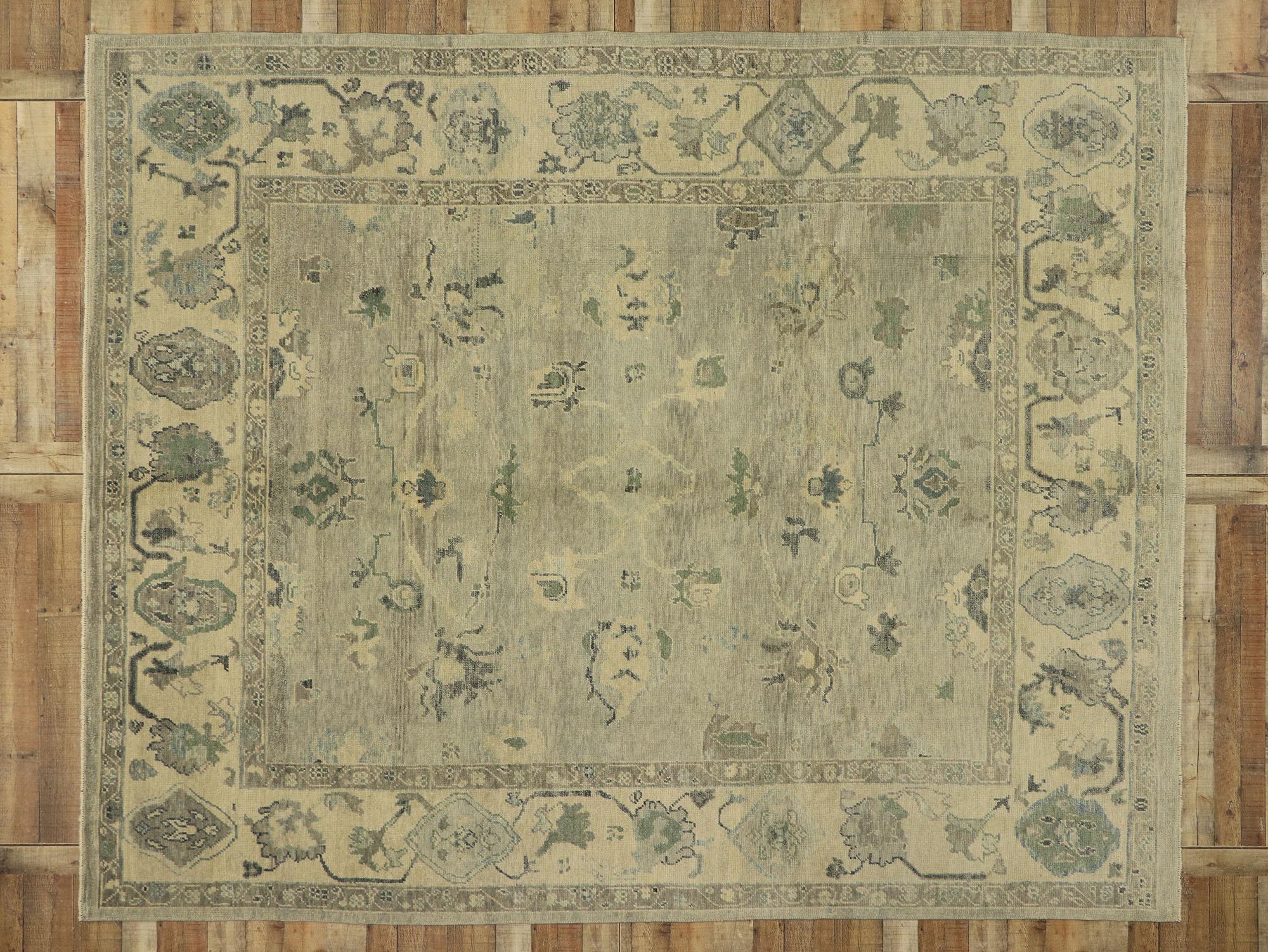53197, new contemporary Turkish Oushak rug with modern transitional style. Blending elements from the modern world with vibrant colors, this hand knotted wool contemporary Turkish Oushak rug will boost the coziness factor in nearly any space. The