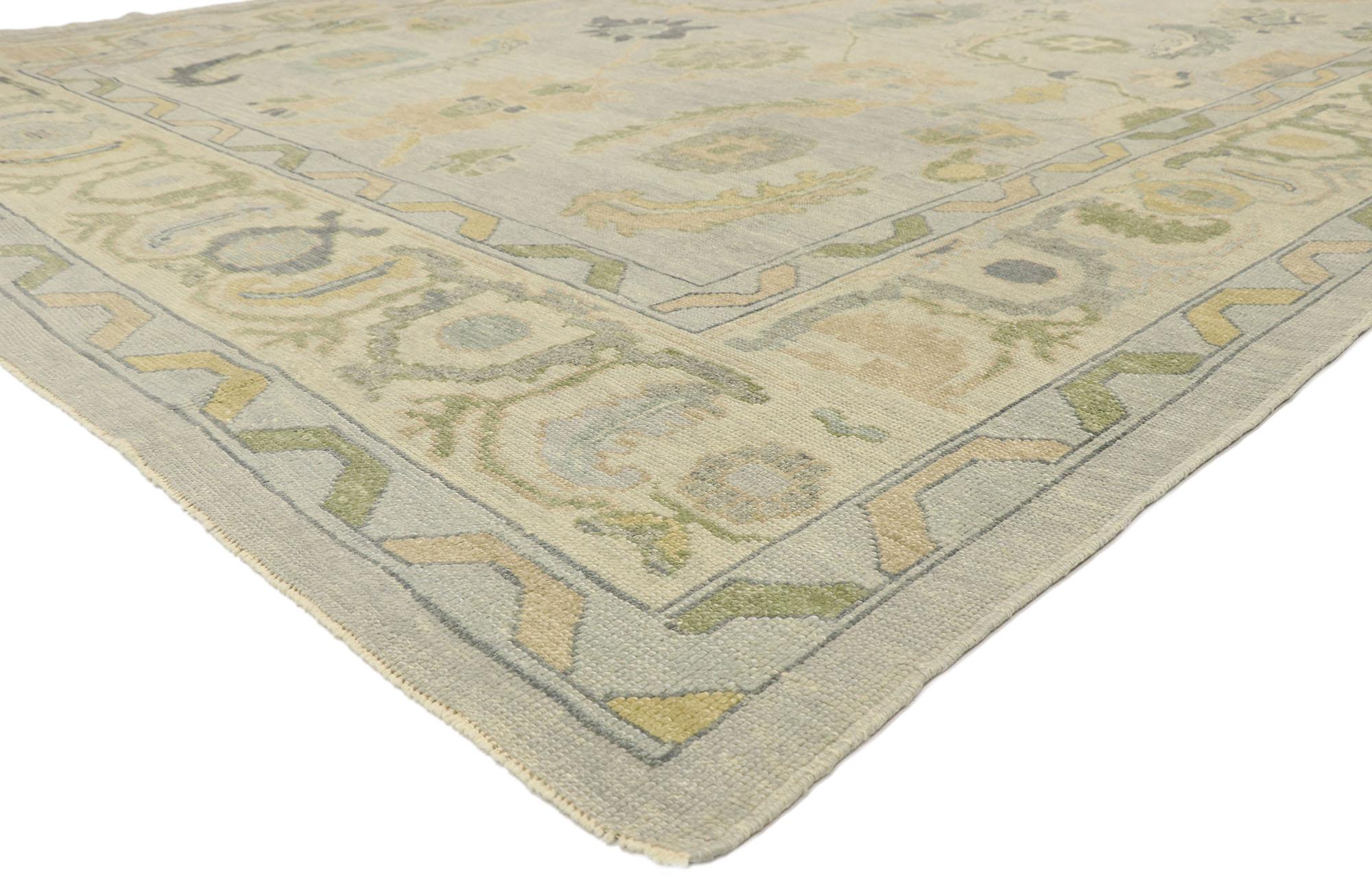 52869 New Contemporary Turkish Oushak rug with Modern Transitional style. Blending elements from the modern world with light and airy colors, this hand knotted wool contemporary Turkish Oushak rug will boost the coziness factor in nearly any space.