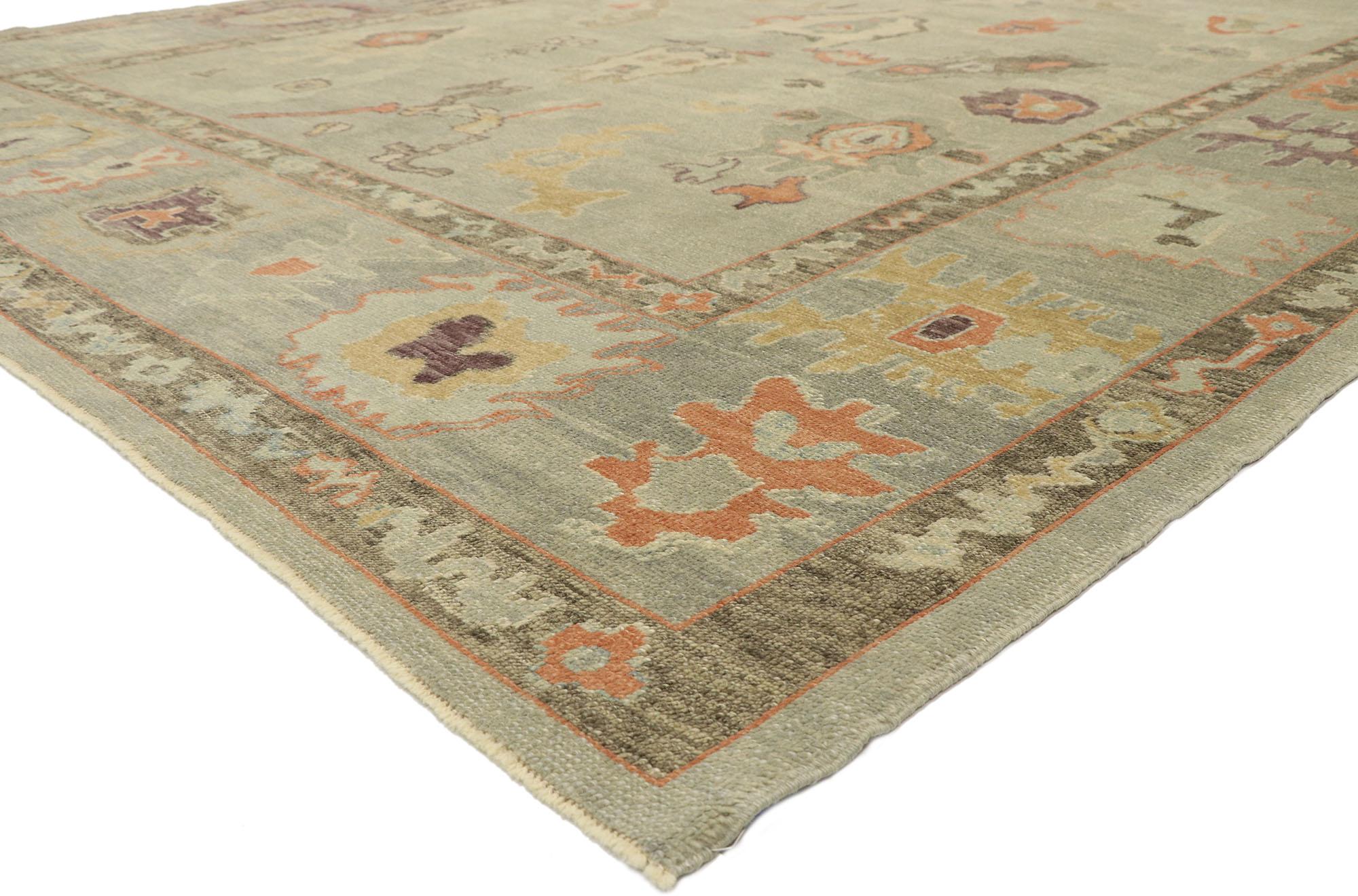 52858, new contemporary Turkish Oushak rug with modern Transitional style. Blending elements from the modern world with light and airy colors, this hand knotted wool contemporary Turkish Oushak rug will boost the coziness factor in nearly any space.