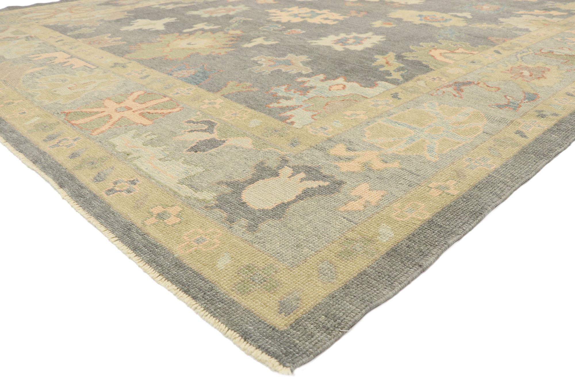 52944 contemporary Turkish Oushak rug with Modern Transitional style 09'02 x 11'10. Blending elements from the modern world with subdued colors, this hand knotted wool contemporary Turkish Oushak rug will boost the coziness factor in nearly any