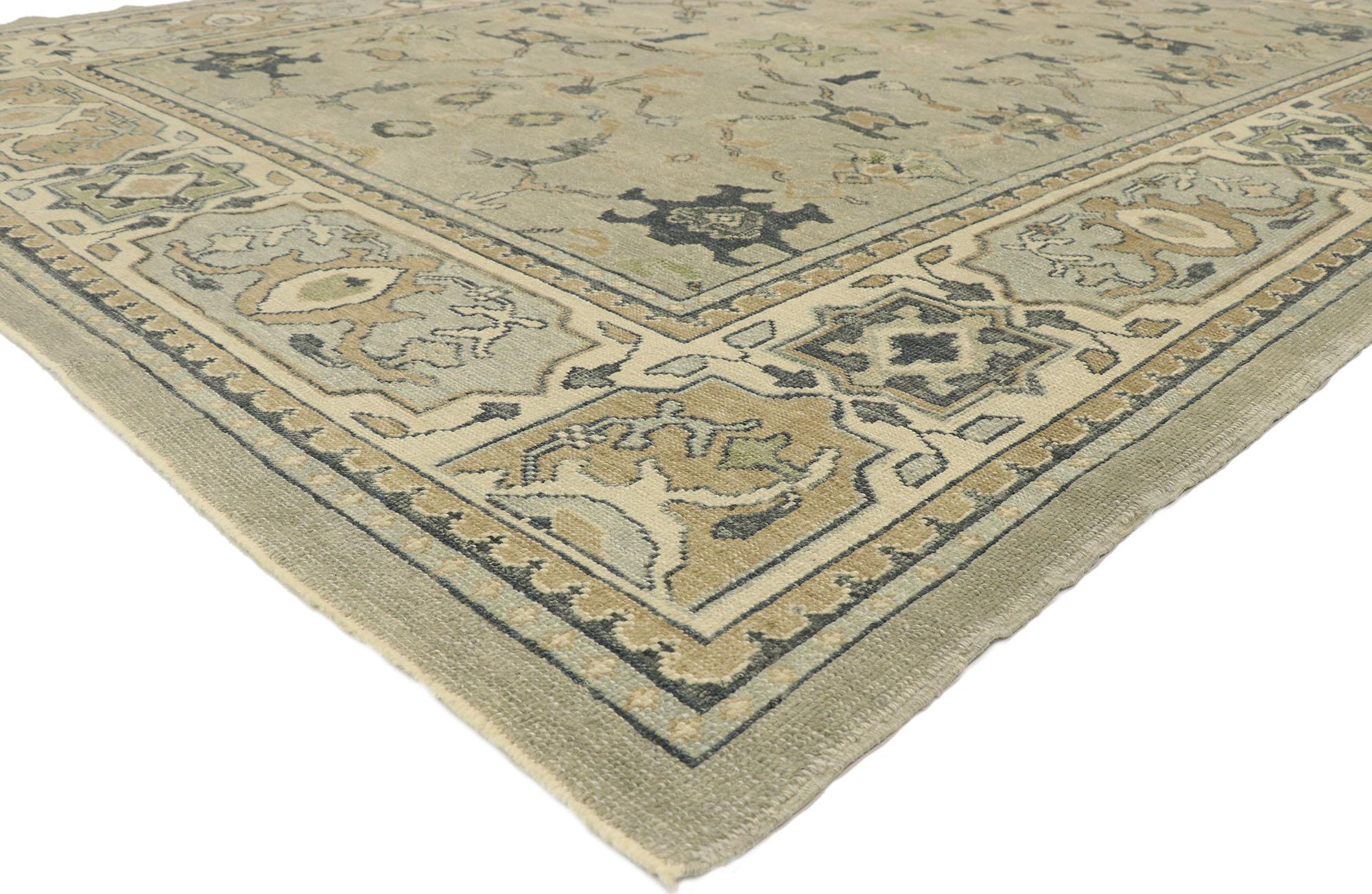 52939, neuer zeitgenössischer türkischer Oushak-Teppich im modernen Transitional-Stil. Dieser moderne türkische Oushak-Teppich aus handgeknüpfter Wolle, der Elemente aus der modernen Welt mit hellen und luftigen Farben verbindet, wird den
