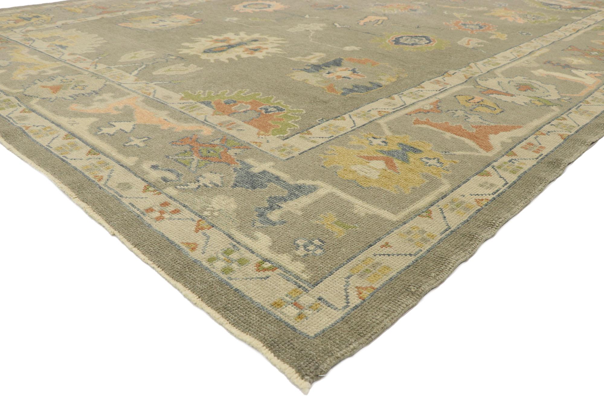 52918, new contemporary Turkish Oushak rug with modern transitional style. Blending elements from the modern world with neutral colors, this hand knotted wool contemporary Turkish Oushak rug will boost the coziness factor in nearly any space. It
