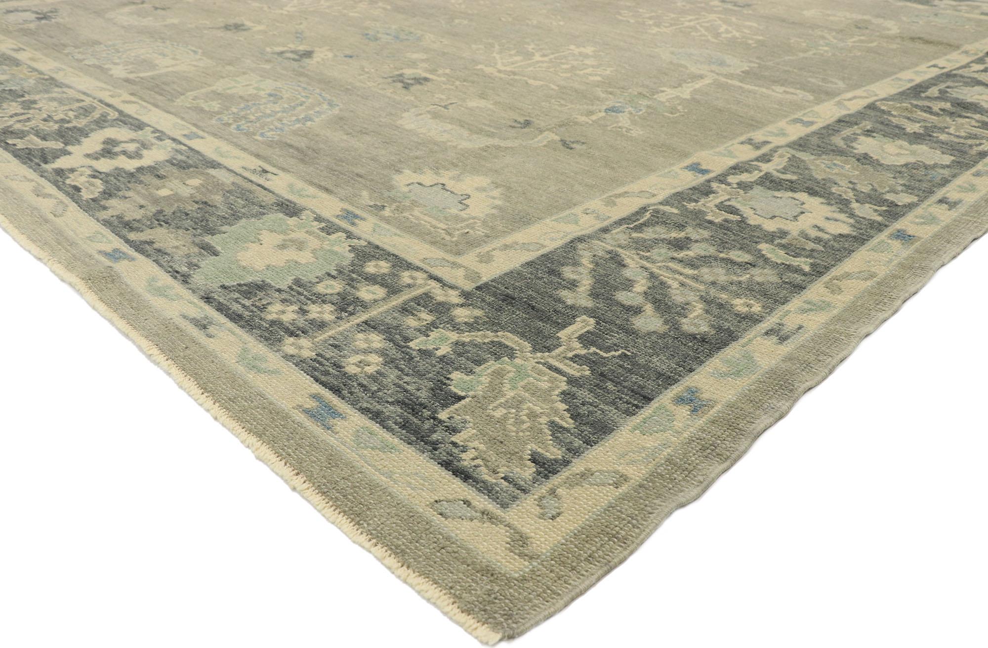 52917, new contemporary Turkish Oushak rug with modern Transitional style. Blending elements from the modern world with gracious gray hues, this hand knotted wool contemporary Turkish Oushak rug will boost the coziness factor in nearly any space. It