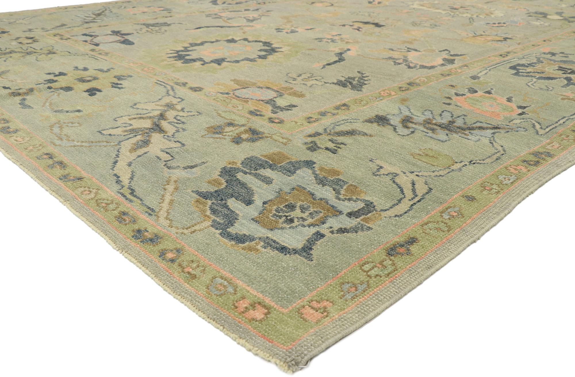 52913 New Contemporary Turkish Oushak rug with Modern Transitional style. Blending elements from the modern world with light and airy colors, this hand knotted wool contemporary Turkish Oushak rug will boost the coziness factor in nearly any space.