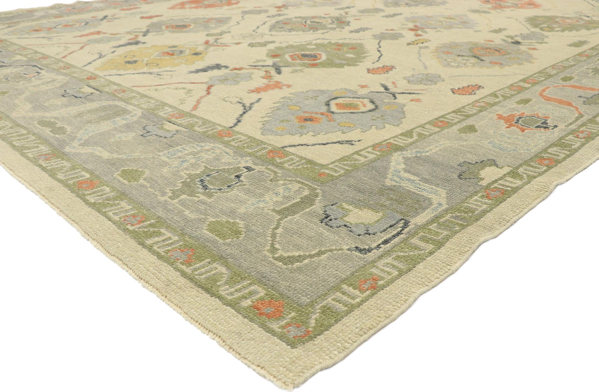 52884, new contemporary Turkish Oushak rug with modern transitional style 10'02 x 15'01. Blending elements from the modern world with light and airy colors, this hand knotted wool contemporary Turkish Oushak rug will boost the coziness factor in