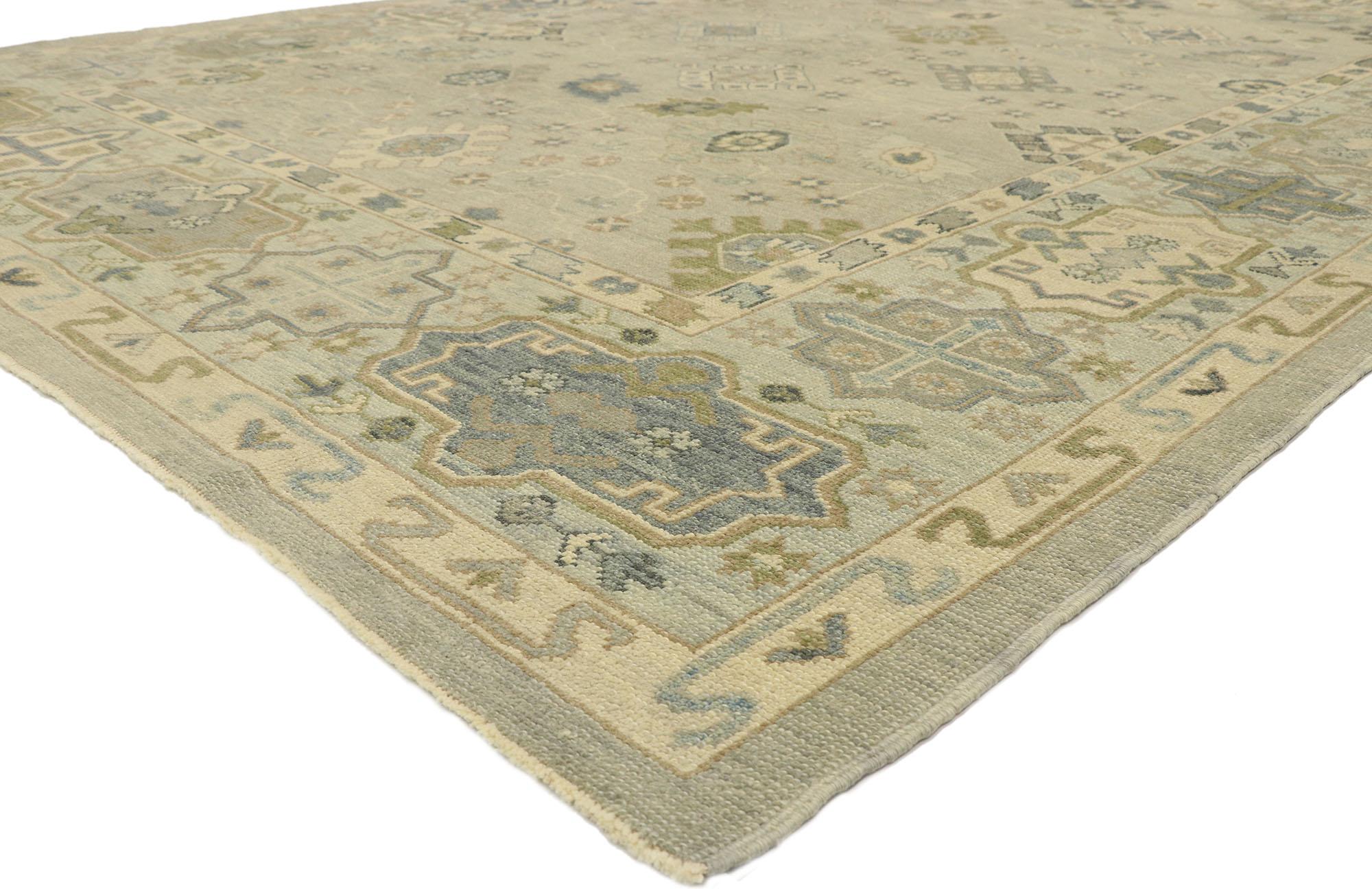 52892, new contemporary Turkish Oushak rug with modern Transitional style. Blending elements from the modern world with gracious gray hues, this hand knotted wool contemporary Turkish Oushak rug will boost the coziness factor in nearly any space. It