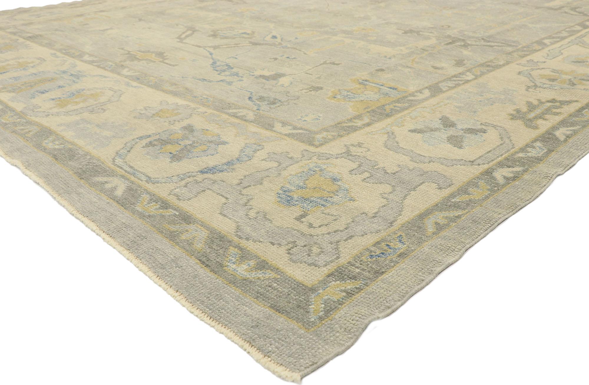 52874 new contemporary Turkish Oushak rug with Modern Transitional style. Blending elements from the modern world with gracious gray hues, this hand knotted wool contemporary Turkish Oushak rug will boost the coziness factor in nearly any space. It