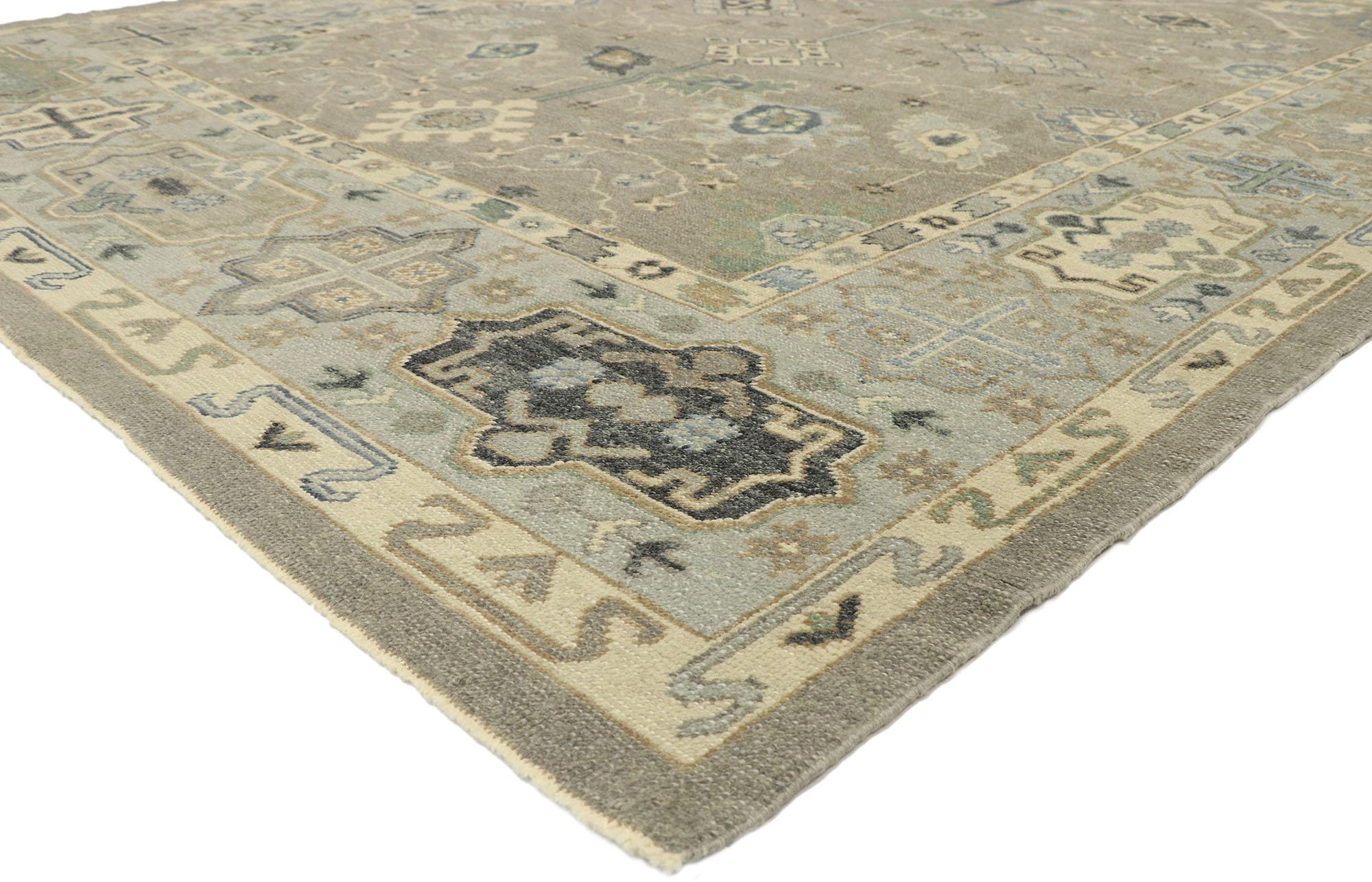52922 new contemporary Turkish Oushak rug with Modern Transitional style. Blending elements from the modern world with gracious gray hues, this hand knotted wool contemporary Turkish Oushak rug will boost the coziness factor in nearly any space. It