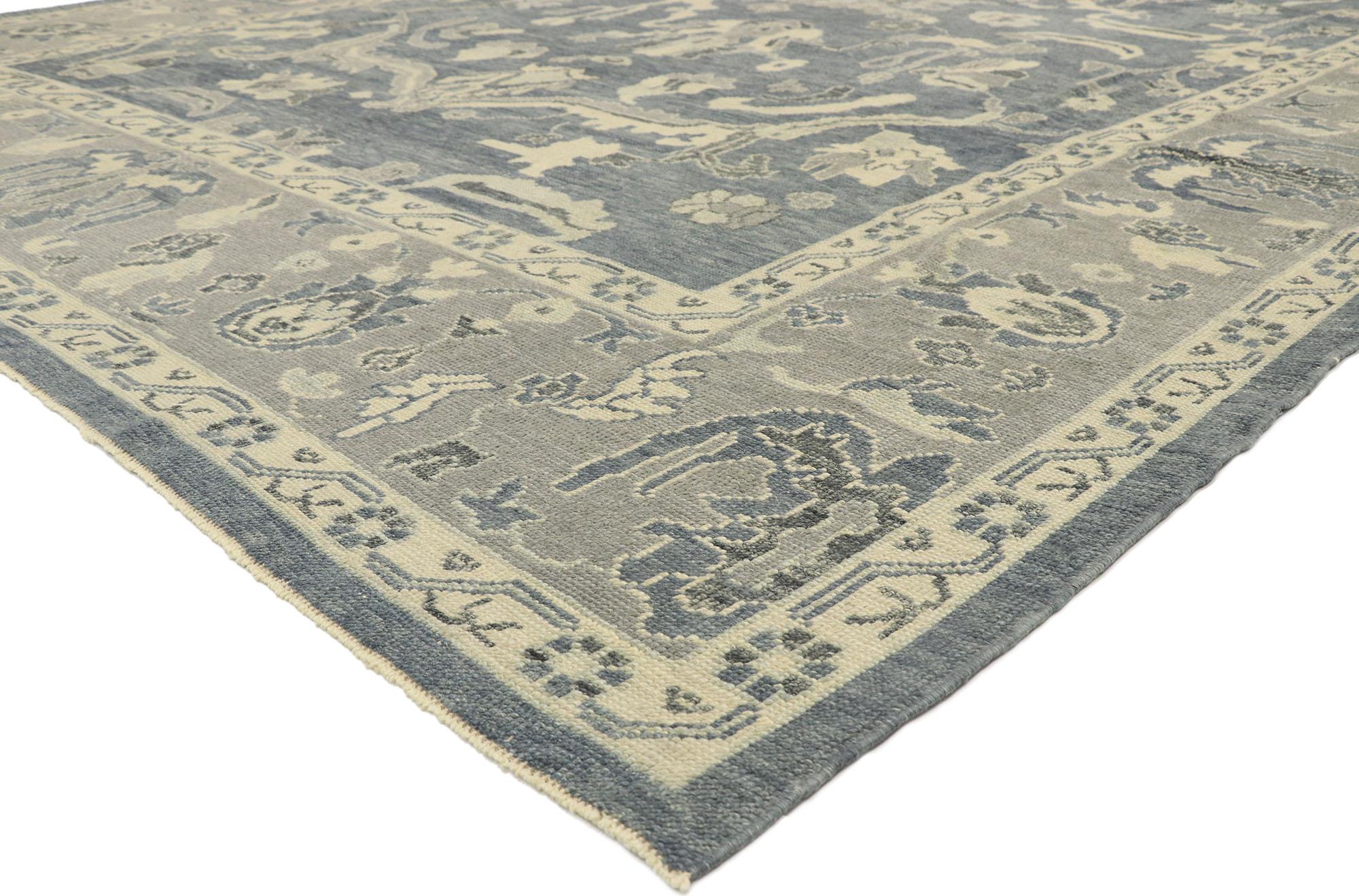 52905, nNew Contemporary Turkish Oushak Rug with Modern Transitional Style 09'11 x 14'00. Blending elements from the modern world with bluish and gray hues, this hand knotted wool contemporary Turkish Oushak rug will boost the coziness factor in