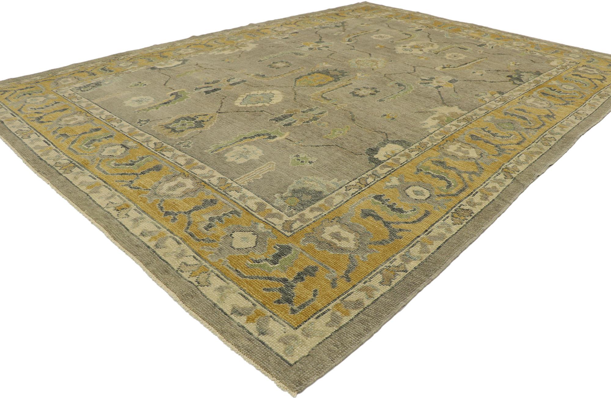 53206, new contemporary Turkish Oushak rug with Modern Transitional style. Blending elements from the modern world with earth-tone colors, this hand knotted wool contemporary Turkish Oushak rug will boost the coziness factor in nearly any space. The