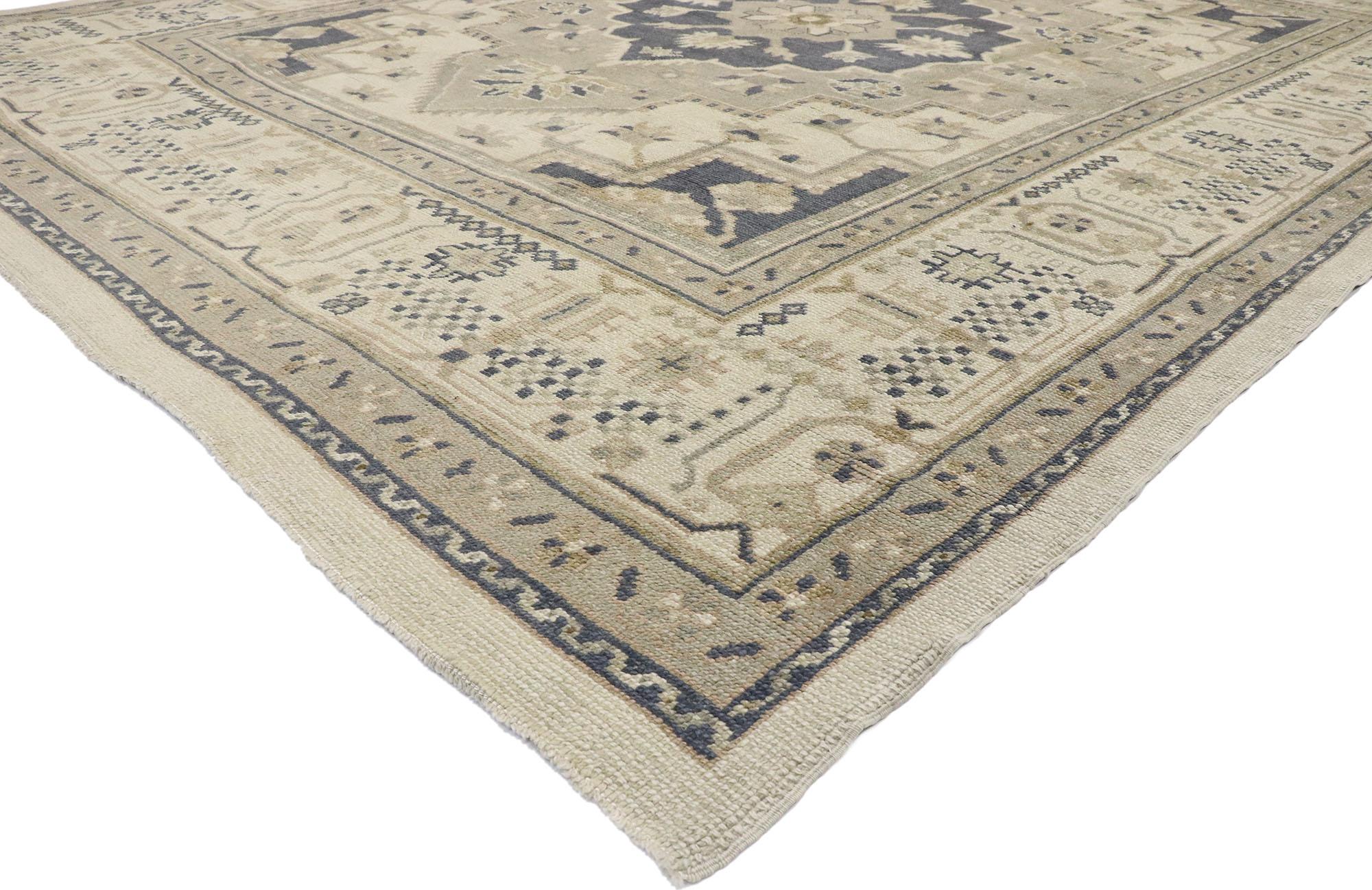 53461, new contemporary Turkish Oushak rug with modern transitional style. Blending elements from the modern world with a tranquil color palette, this hand knotted wool contemporary Turkish Oushak rug is poised to impress. The geometric print and