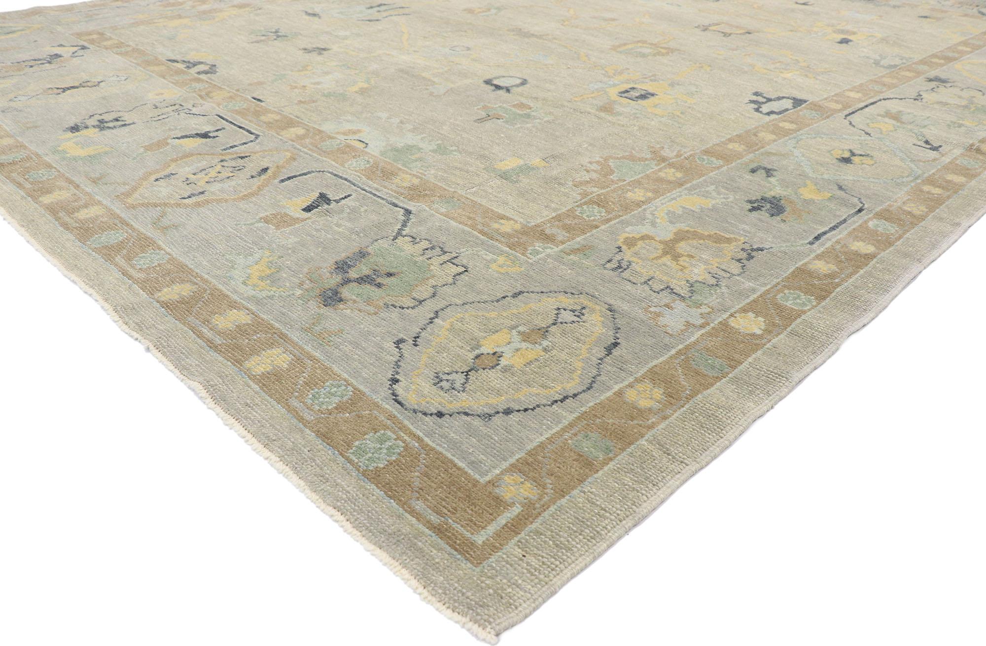 53498 new contemporary Turkish Oushak rug with modern Transitional style. Blending elements from the modern world with soft colors, this hand knotted wool contemporary Turkish Oushak rug will boost the coziness factor in nearly any space. It