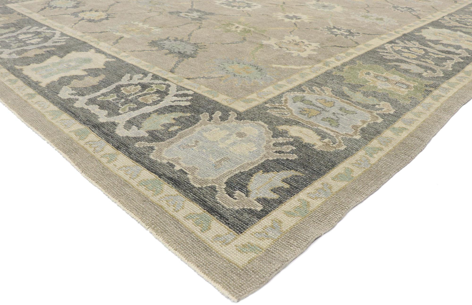 53517, new contemporary Turkish Oushak rug with modern transitional style 10'07 x 14'01. This hand-knotted wool contemporary Turkish Oushak rug balances a timeless design with a mix of sophistication and neutral colors. The abrashed gray field