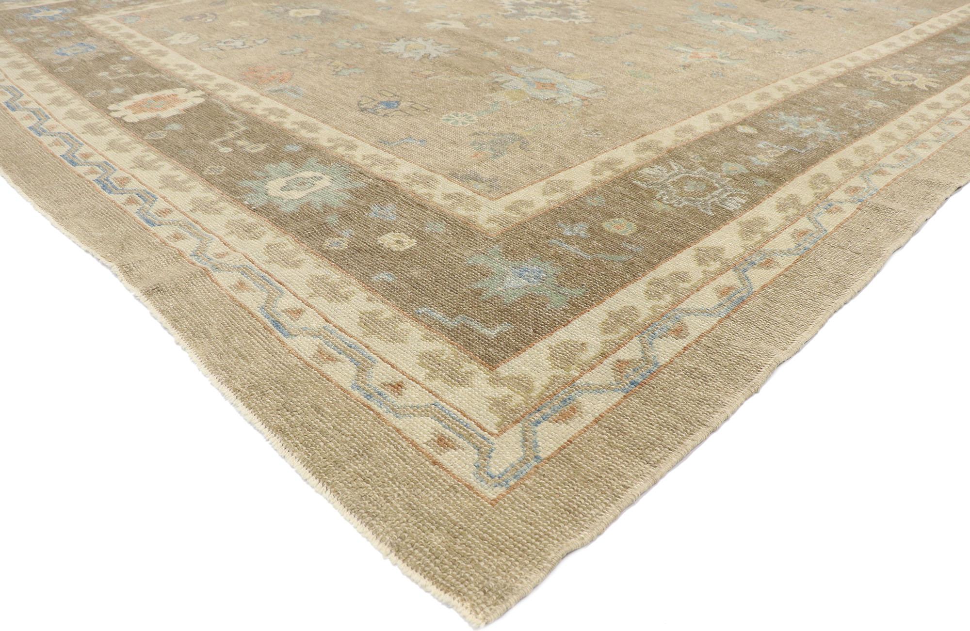 53516, new contemporary Turkish Oushak Rug with Modern Transitional style. This hand-knotted wool contemporary Turkish Oushak rug balances a timeless design with a mix of tranquil sophistication and warm colors. The abrashed brown field features a