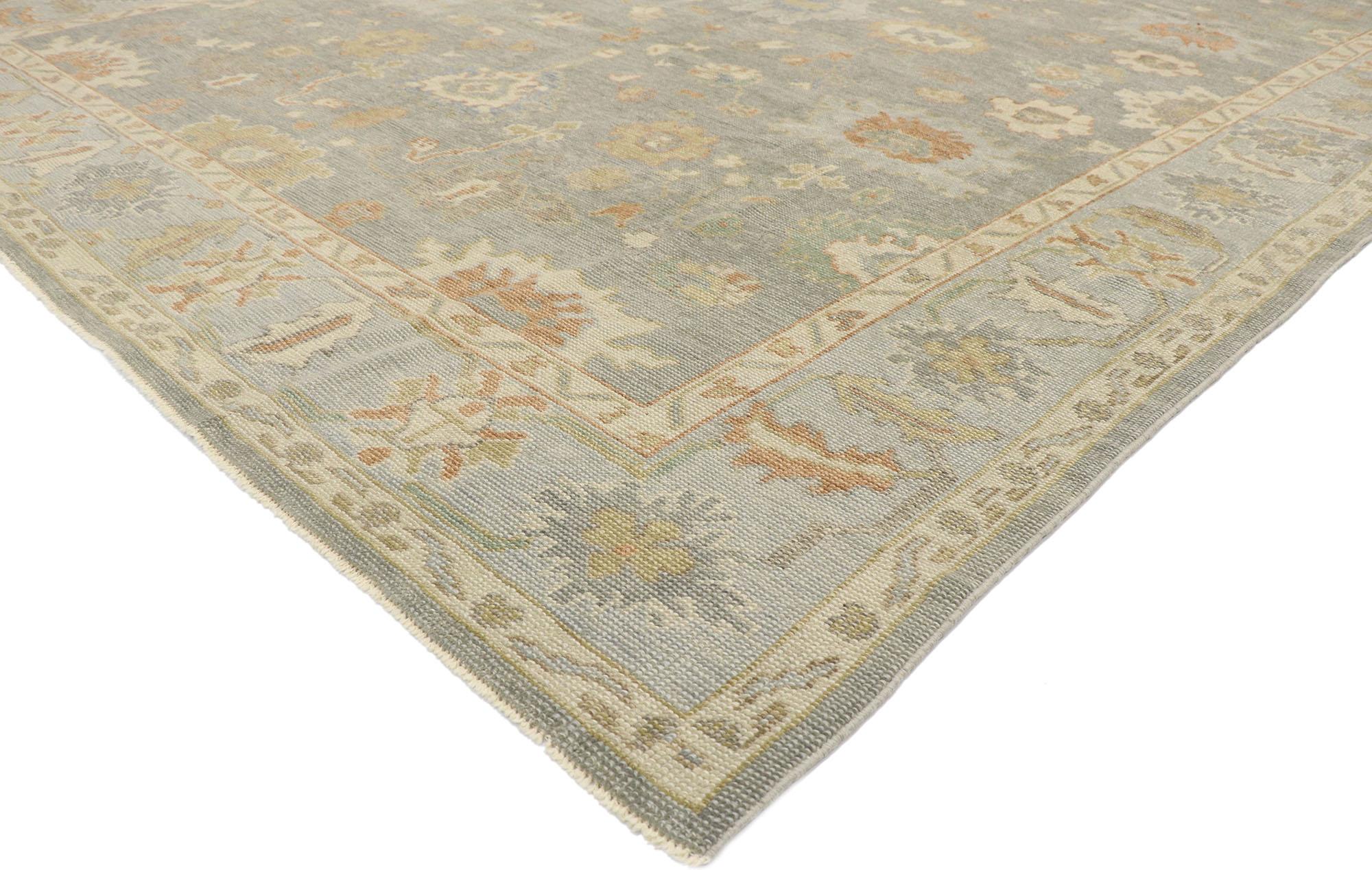 53515, new contemporary Turkish Oushak rug with Modern Transitional style. Displaying a timeless design and soft gray hues, serve up sophistication and modern elegance with this hand-knotted wool contemporary Turkish Oushak rug. An array of