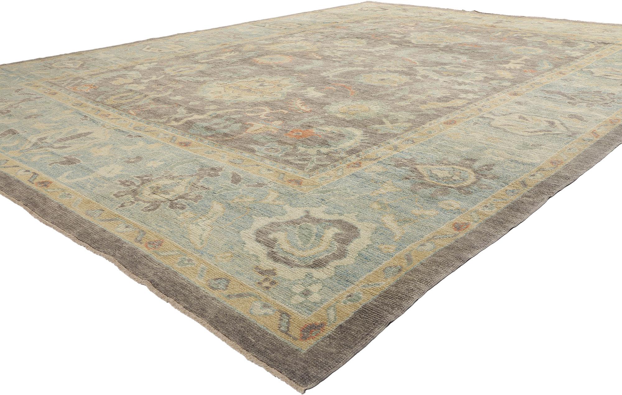 53157 New Modern Earth-Tone Turkish Oushak Rug, 11'08 x 15'03. A tranquil harmony of earth and sky unfolds in this hand-knotted wool magnificent Turkish Oushak rug, where nature’s subtle hues meet the impeccable artistry of ancient hands. The
