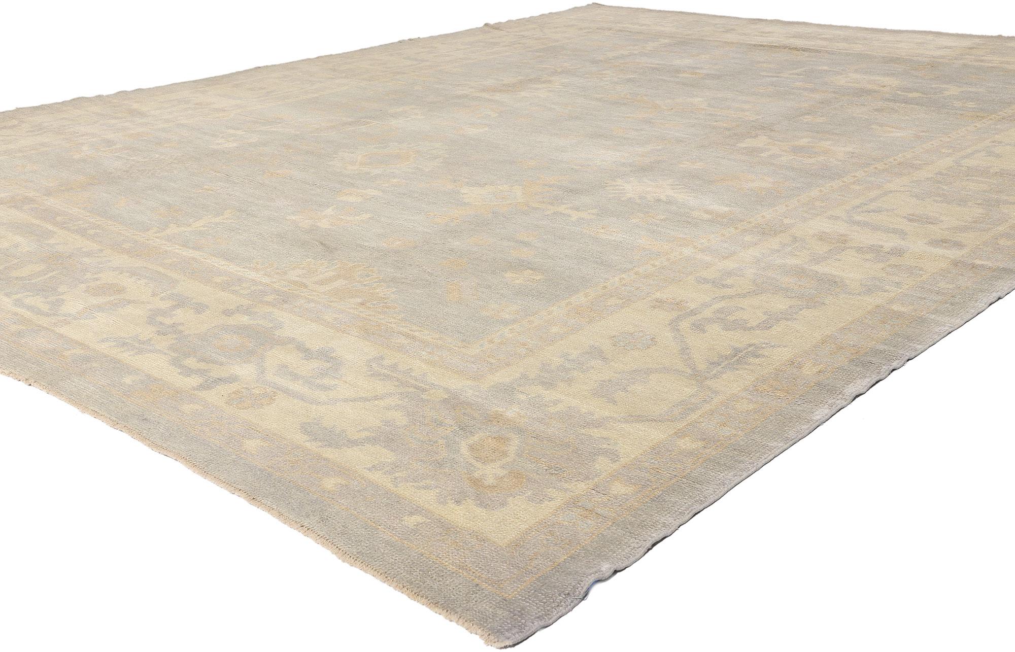 51859 New Organic Modern Turkish Oushak Rug, 10'08 x 13'11. Bathed in a misty palette of dove gray, bone ivory, and silvery sand, this hand-knotted wool Turkish Oushak rug speaks in a quiet, elemental tongue—where the language of ancient motifs is