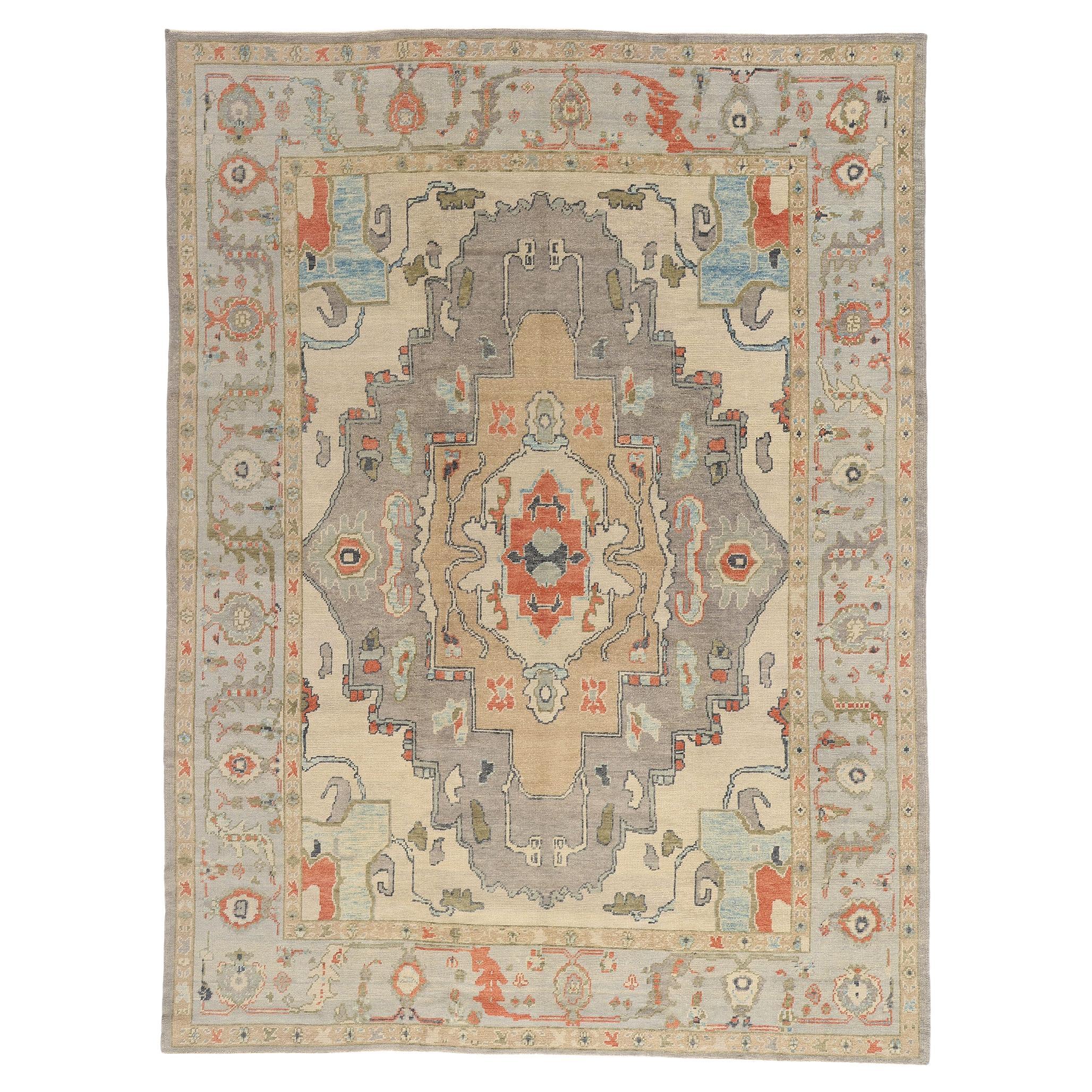 New Modern Earth-Tone Turkish Oushak Rug with Transitional Style