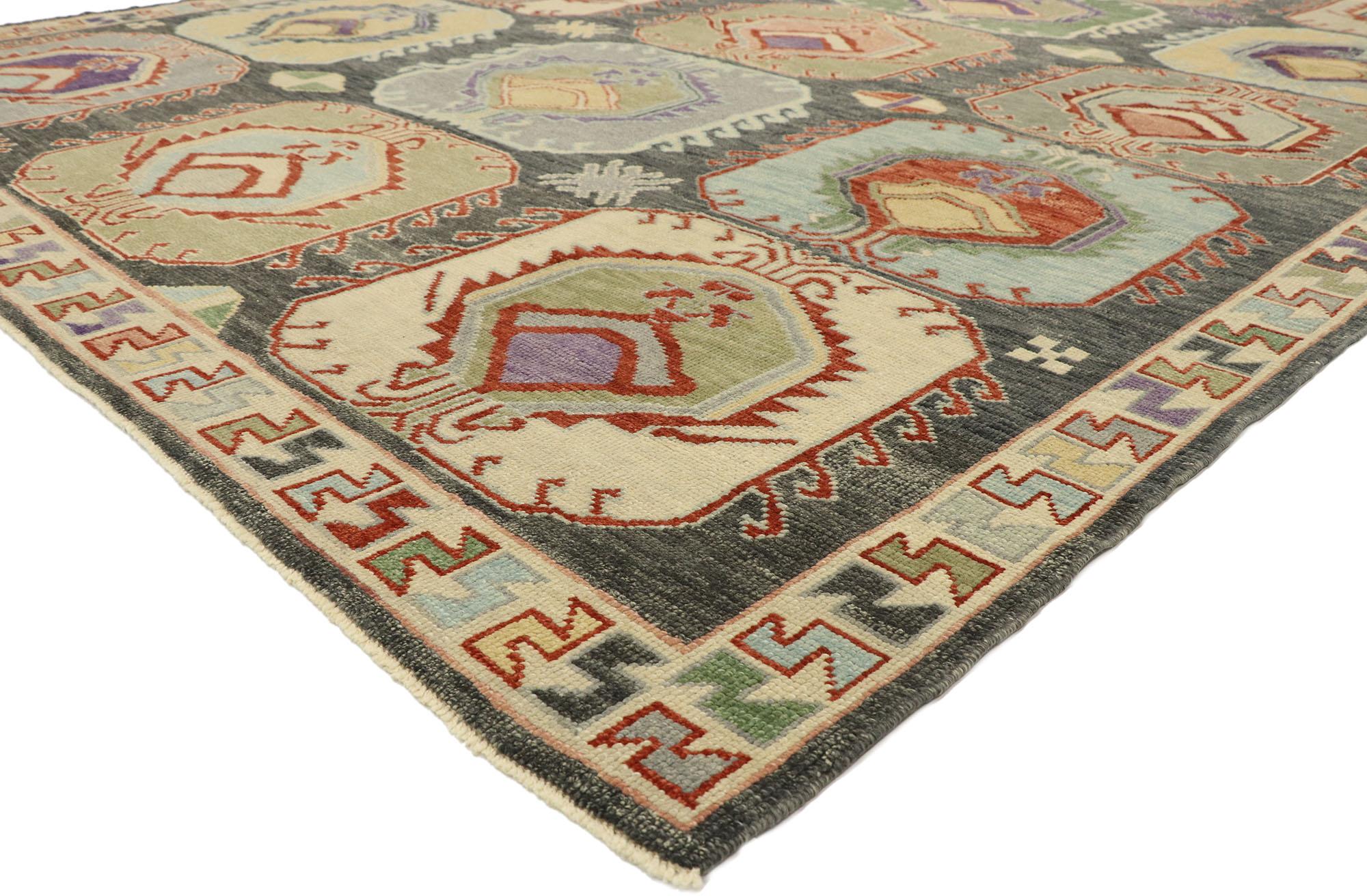 52878, new contemporary Turkish Oushak rug with Modern Tribal boho chic style. The bold geometric print and colorful palette woven into this hand knotted wool new contemporary Turkish Oushak rug work together creating a truly unique look. The