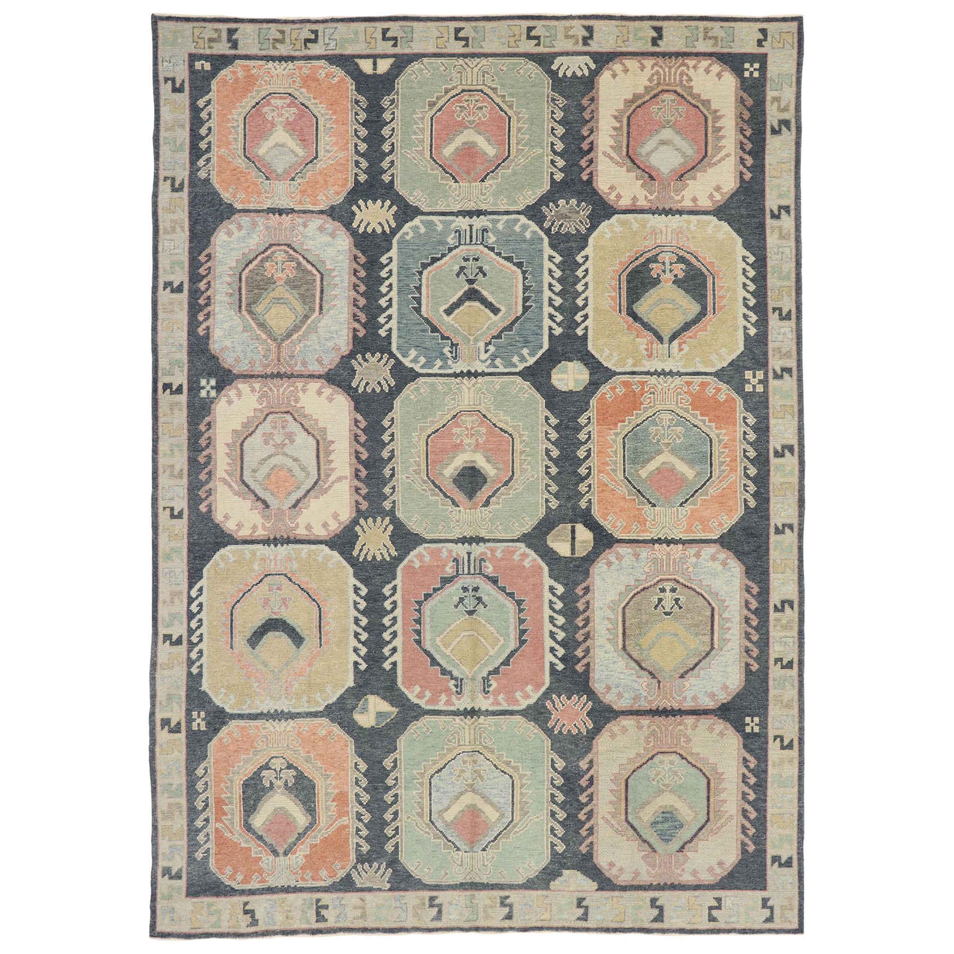 Contemporary Turkish Oushak Rug with Pastel Colors and Tribal Boho Chic Style at 1stDibs
