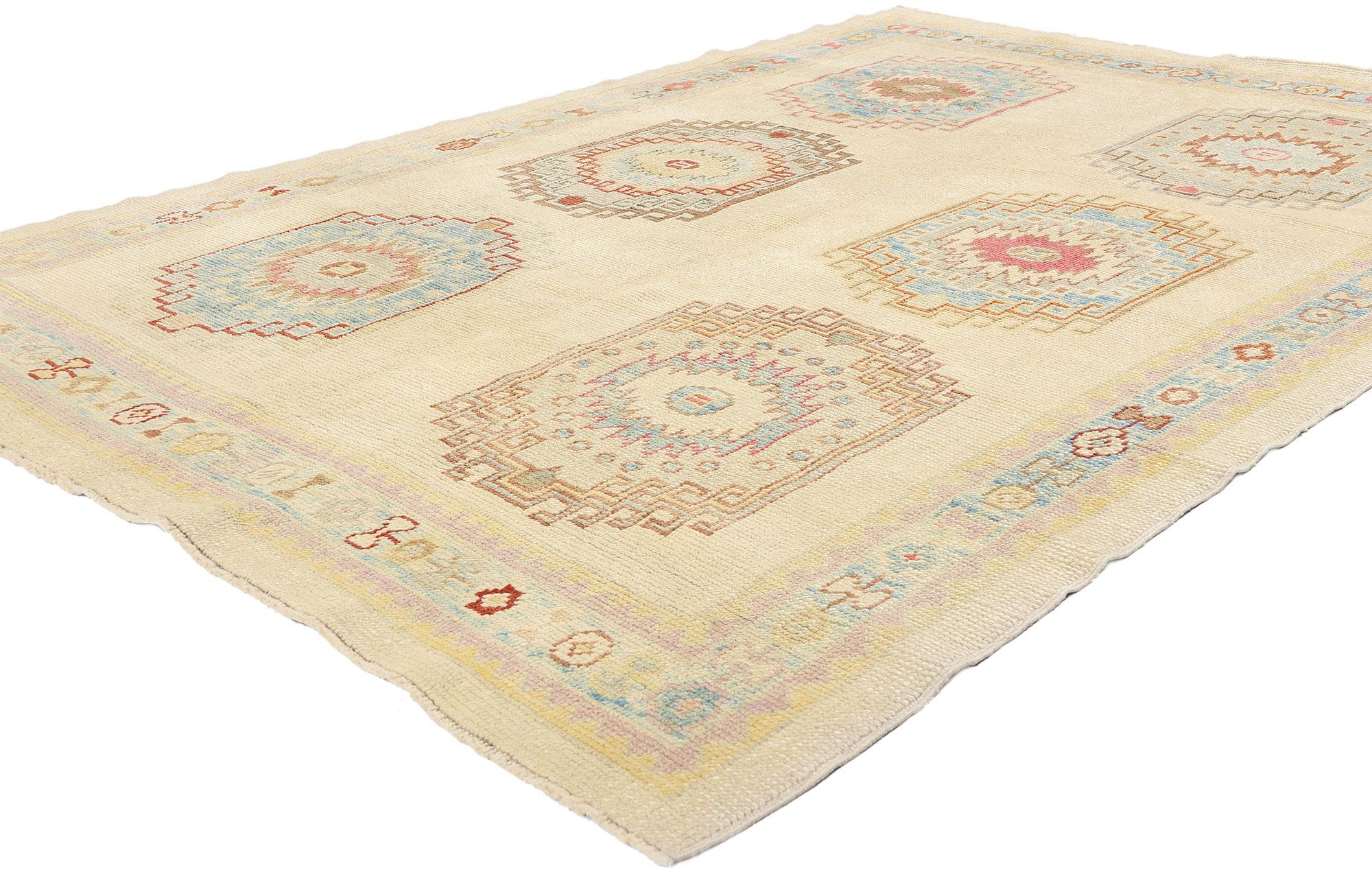 53532 New Turkish Oushak Rug, 05'11 x 08'06. Infused with nomadic charm and tribal enchantment, this hand-knotted wool modern Turkish Oushak rug is a mesmerizing fusion of tradition and contemporary artistry. Inspired by the ancestral weaving