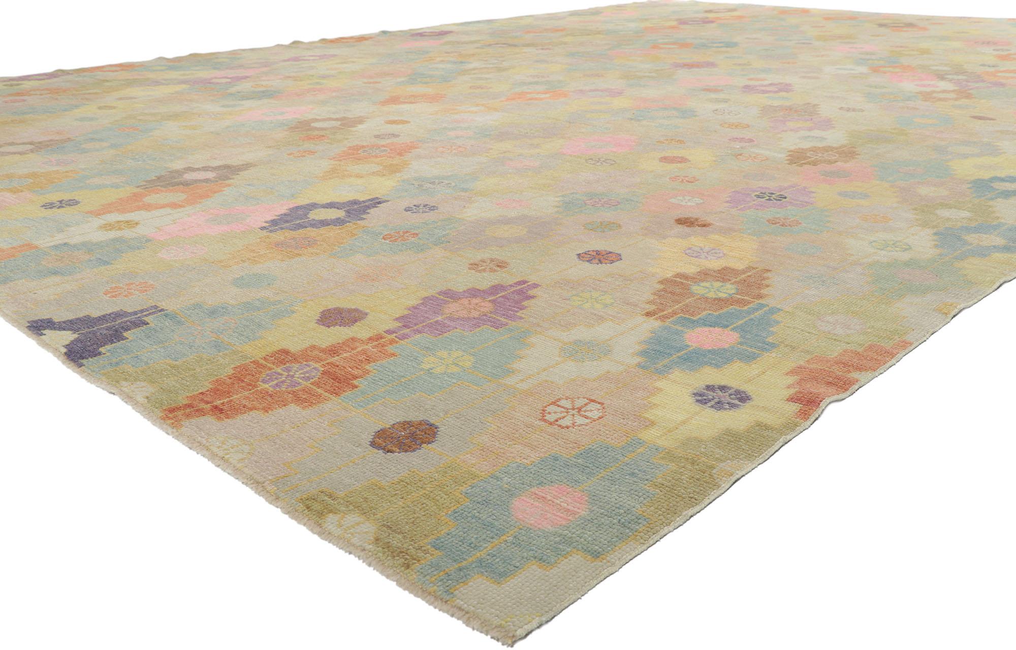 53779 new contemporary Turkish Oushak rug with pastel colors 12'00 x 17'09. With its simplicity, geometric design and pastel colors, this hand-knotted wool contemporary Turkish Oushak rug is a vision of woven beauty. The abrashed field features an