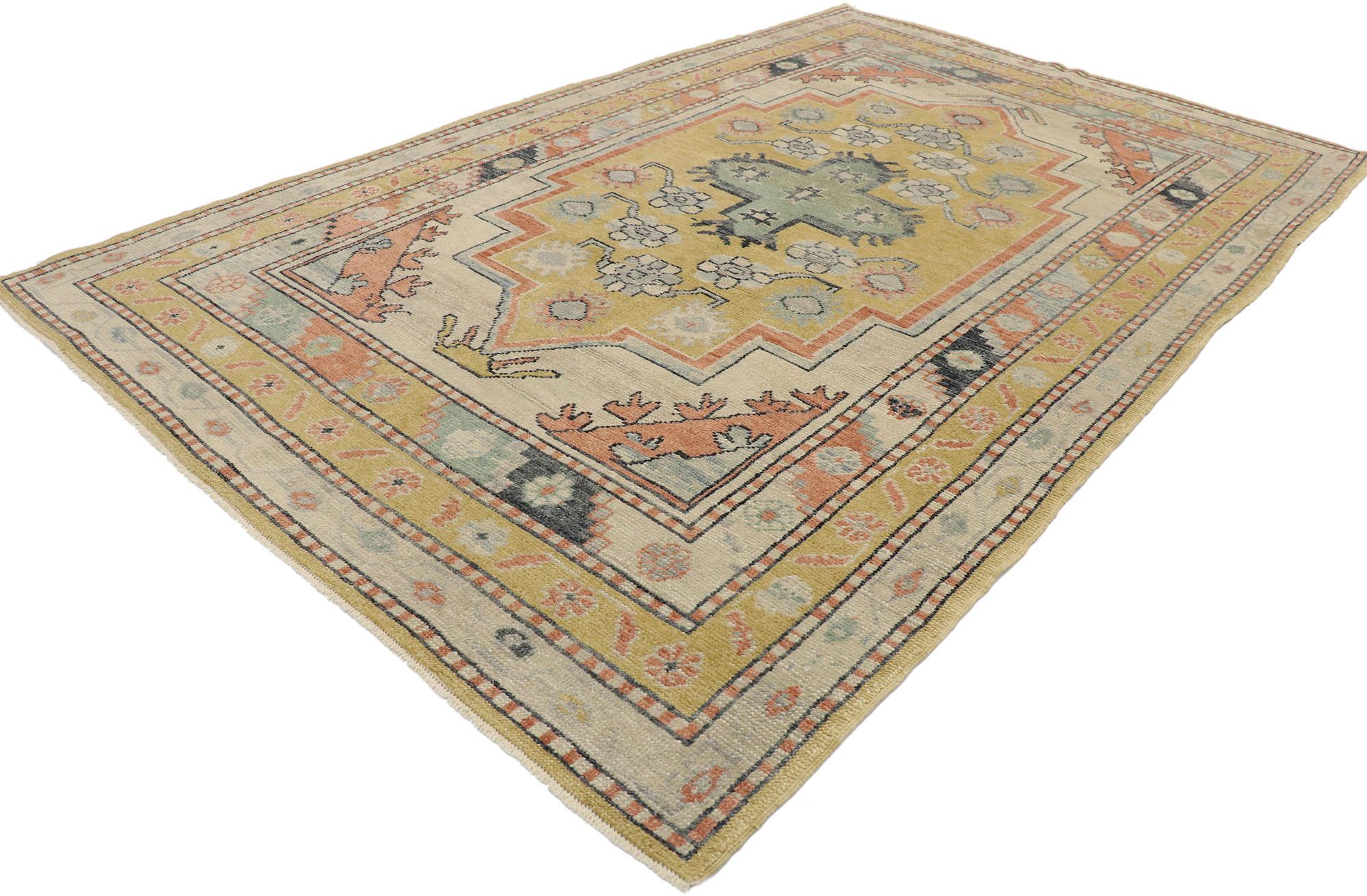 53266, new contemporary Turkish Oushak rug with Postmodern Arts & Crafts style. This hand knotted wool new contemporary Turkish Oushak rug features an oversized stepped golden-colored medallion set against an abrashed neutral field. The medallion