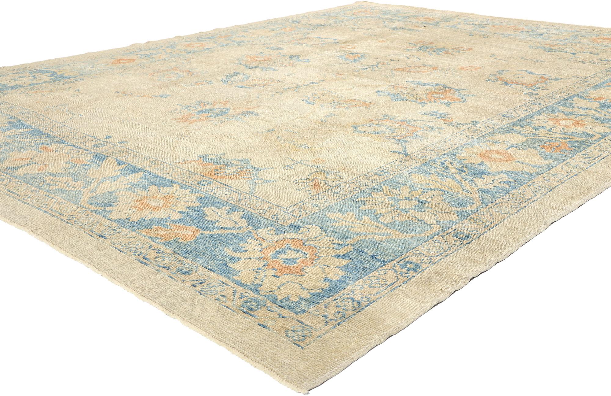 53613 New Modern Turkish Oushak Rug, 09'04 x 11'10. In this hand-knotted wool Turkish Oushak rug, relaxed refinement converges with Anatolian charm to create a captivating blend of styles. Against a neutral sandy-beige backdrop, an intricate allover