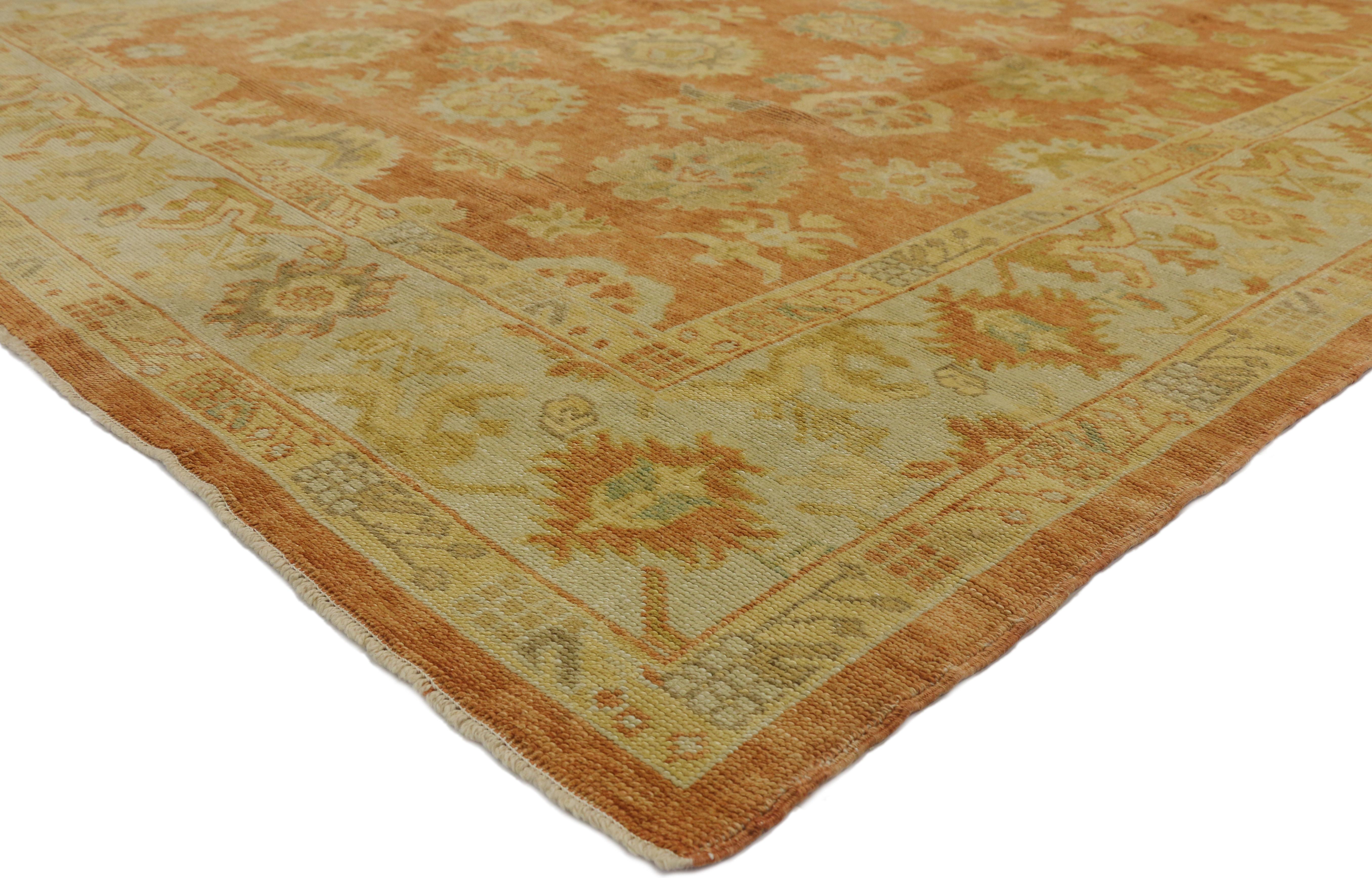50536 new Contemporary Turkish Oushak rug with rustic Tuscan style. This hand knotted wool contemporary Oushak area rug features an all-over geometric pattern composed of Harshang-style motifs, blooming palmettes, leafy tendrils, and organic shapes
