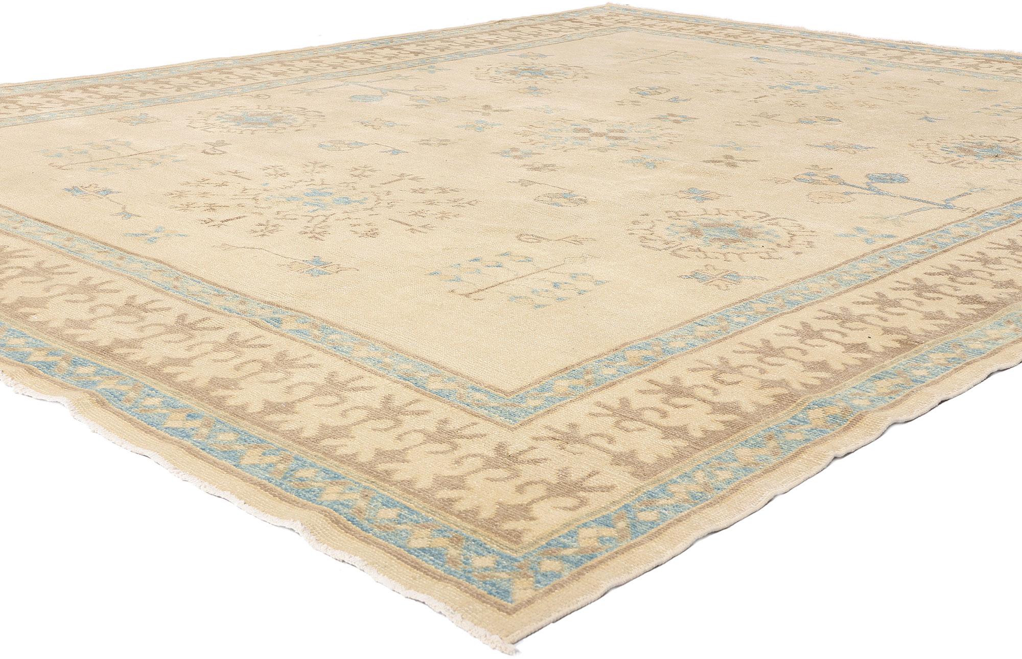 51617 New Modern Turkish Oushak Rug, 10'01 x 12'03. Like the first breath of dawn brushing the Anatolian plains, this hand-knotted wool modern Turkish Oushak rug whispers serenity with every thread. Its open beige field is a canvas of calm, softened