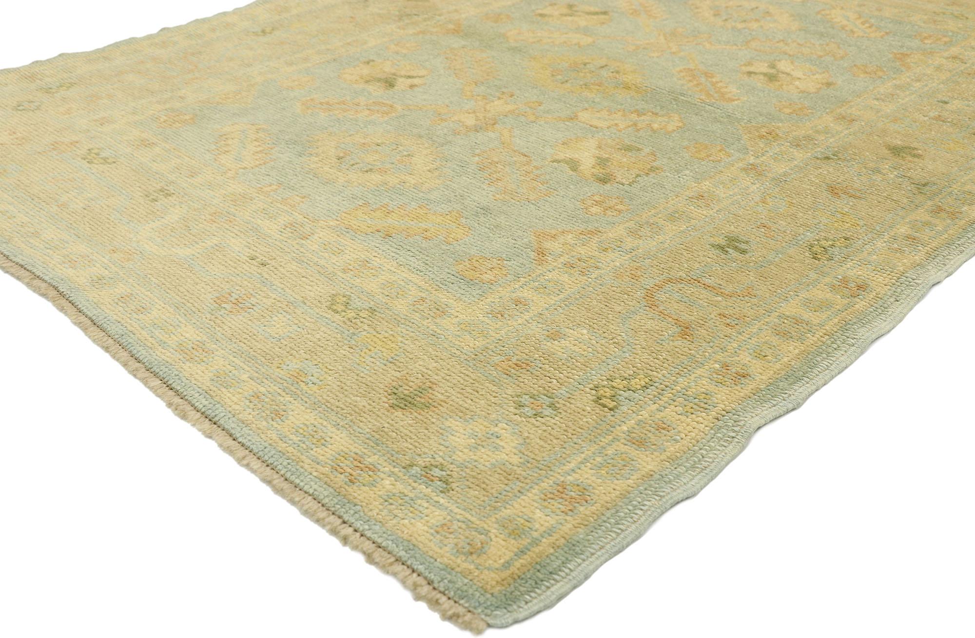 50733 New Contemporary Turkish Oushak Rug with Transitional Coastal Cottage Style. With a subtle, airy color palette and transitional cottage style, this Turkish Oushak rug keeps the eyes entertained, but it is still serene and relaxing. The Oushak